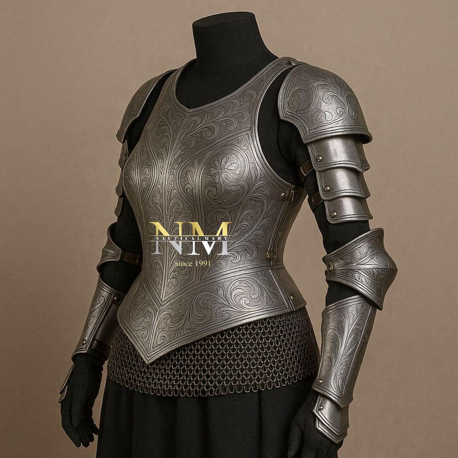 Lady Armor Breastplate with Complete Arm Set- Hand-Etched Steel Breastplate & Articulated Arm Armor Exquisite Engraved Full Cuirass & Bracers Set for Cosplay, LARP, and Renaissance Fairs