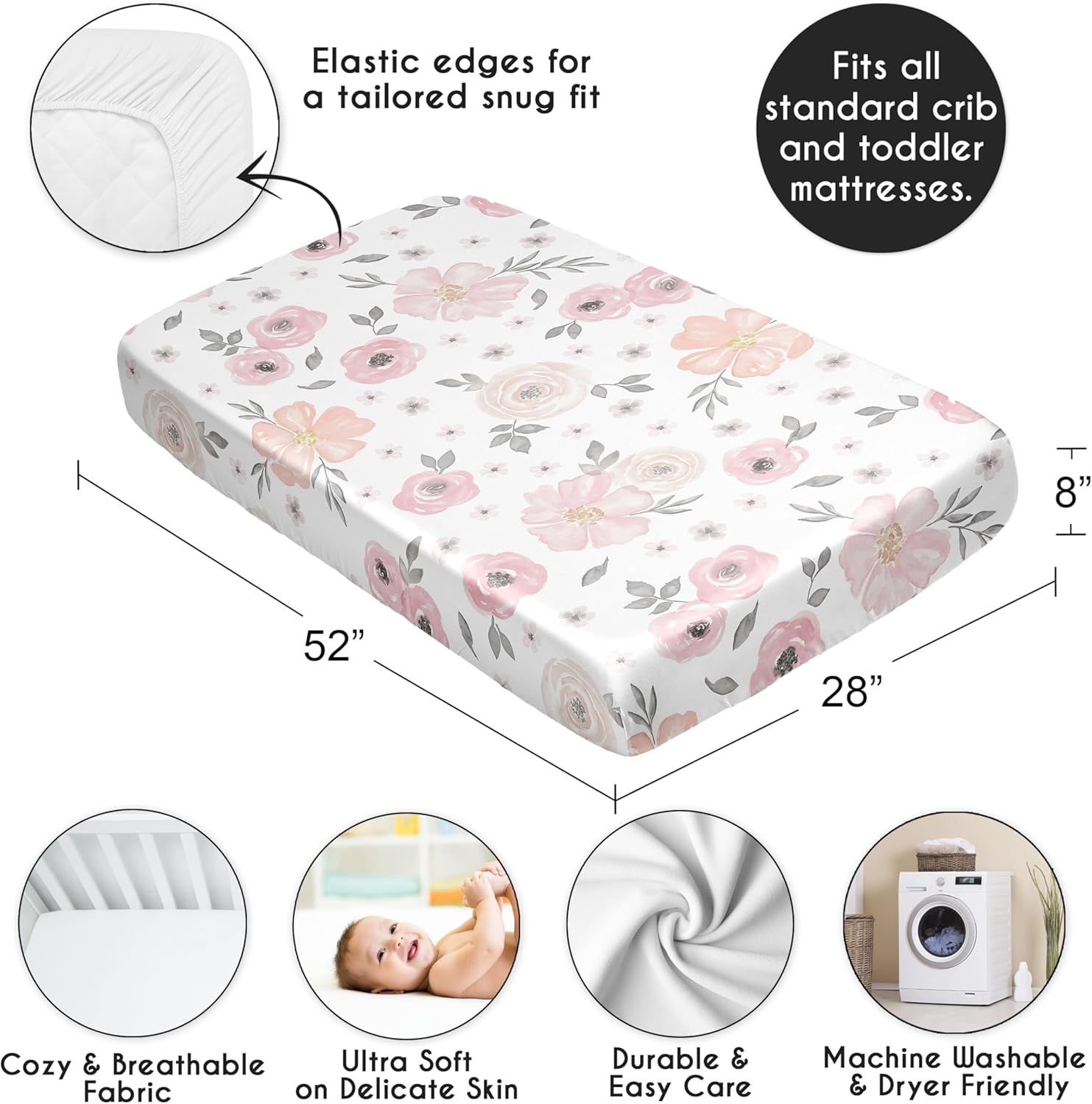 Sweet Jojo Designs Satin Fitted Baby Crib Sheets (Pink/Grey Boho Floral) for Girls, Infant, Nursery, Toddler Room - Standard Size (Blush, Rose, Gray, Flower, Bohemian, Farmhouse, Wildflower, Elegant)