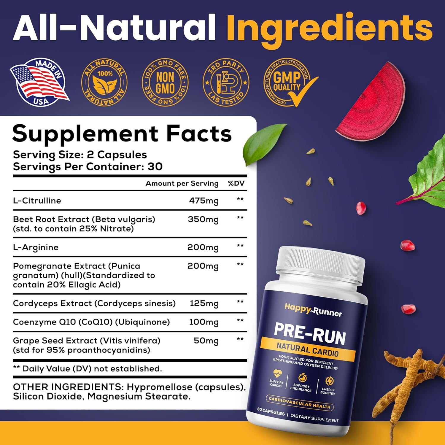 Happy Runner: Pre-Run - Enhances Breathing, Improved Oxygen Delivery, Respiratory Efficiency, Boosts Endurance, Nitric Oxide Booster, Improved Blood Flow, Running Supplements, Cardiovascular Health
