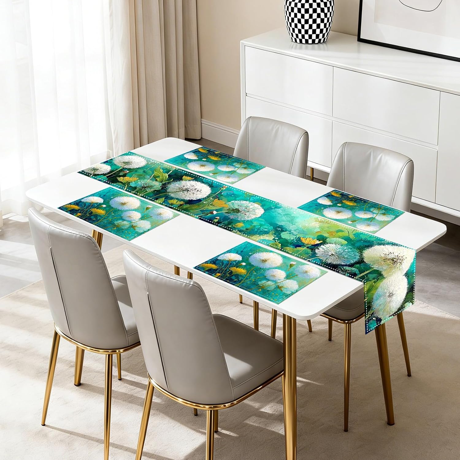 Nuxovilar Tablerunner and Placemats Set of 5 Colorful Dandelion Print Linen Square Placemats Dining Sets and Accessories Table Decor Home Dinners, Brunch, Kitchen Tables
