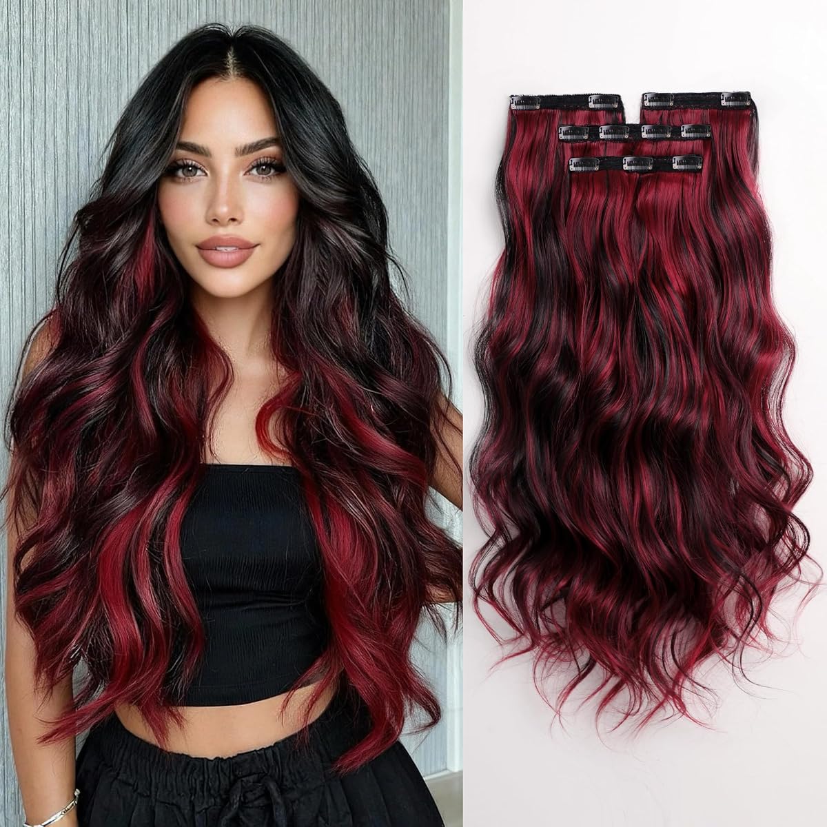 25 Inch Long Wavy Clip In Hair Extensions, Black Burgundy 4PCS | Natural Soft Thick Synthetic Hairpieces For Women. Invisible Clips Ins Clip On Extensions For Thin Hairs With Highlights.