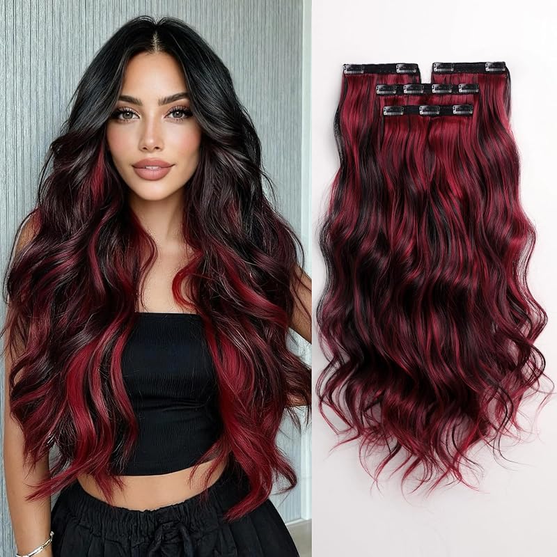 25 Inch Long Wavy Clip In Hair Extensions, Black Burgundy 4PCS | Natural Soft Thick Synthetic Hairpieces For Women. Invisible Clips Ins Clip On Extensions For Thin Hairs With Highlights.