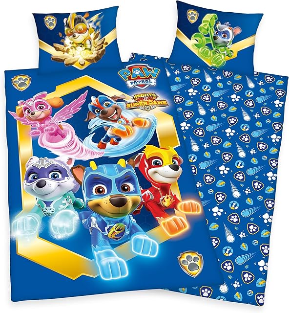 Official Nickelodeon Paw Patrol Mighty Pups Single Duvet Cover  Skye, Chase, Marshall & Rubble Super Paws Poly Cotton Reversible Blue Bedding Set