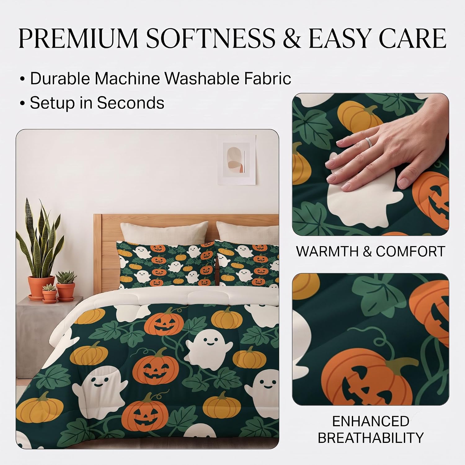 Cute Halloween Quilt King Size Dark Green Quilt Bedding Set | 3 Pieces Soft Lightweight Microfiber Forest Pumpkin Ghost Bedspread Coverlet Set for All Season, 104"X90"