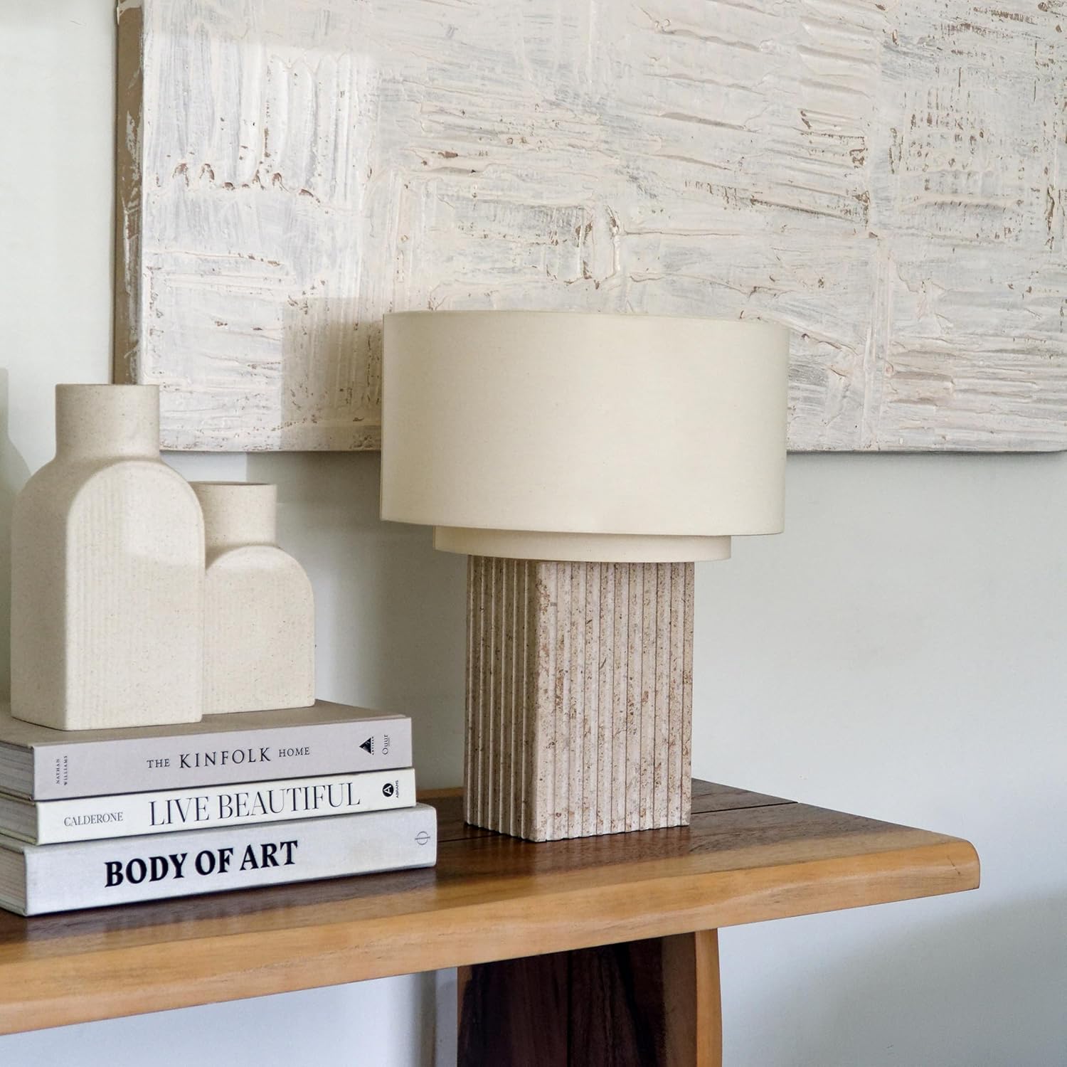 Brightech Atticus 15" Table Lamp - Natural Travertine Limestone Lamp, Cream Cotton Shade - Ridged, Heavy, Textured Stone Beige Lamp for Living Room, Nightstand, Bedroom, Kitchen, Entryway, Home Decor