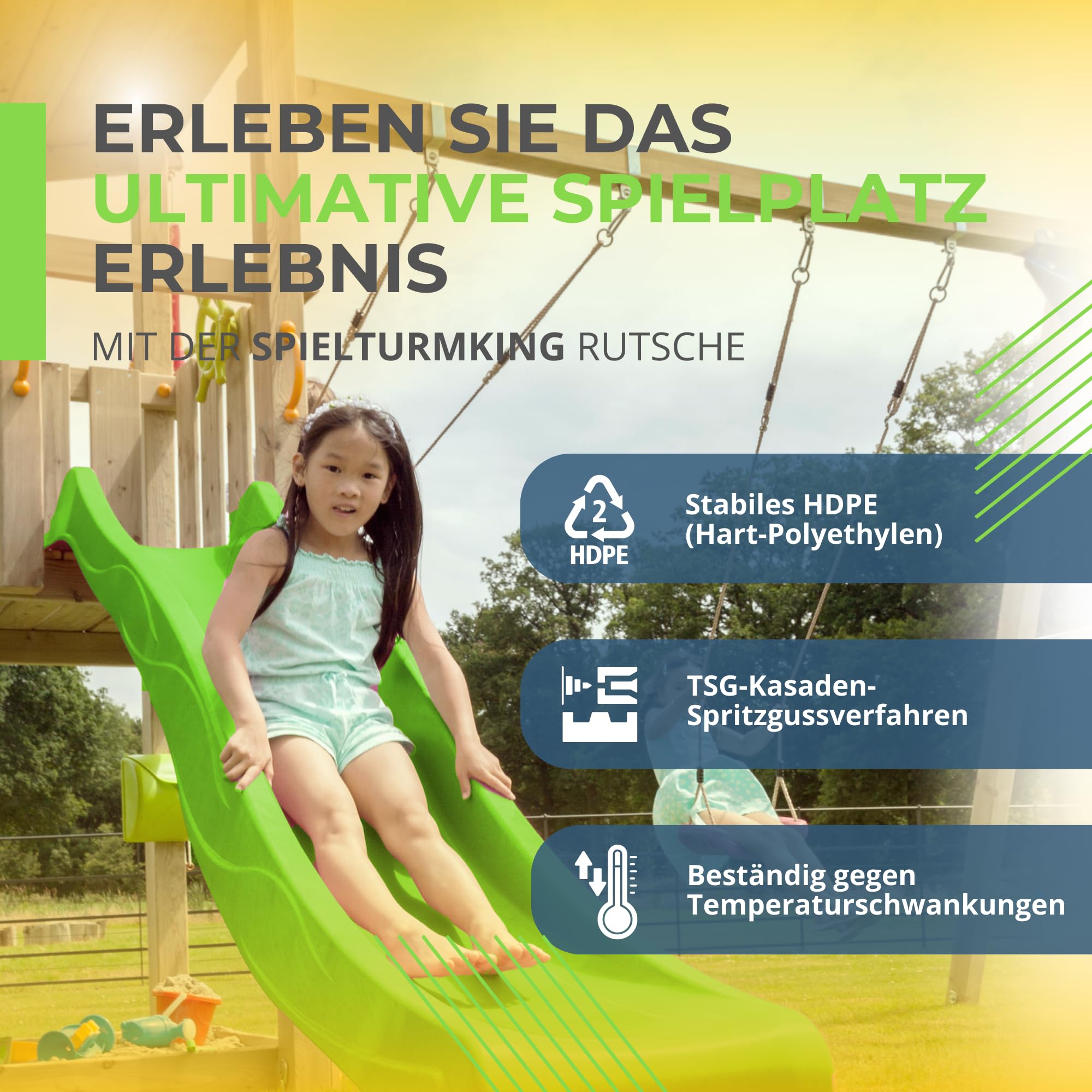 Kinder Rutsche 2,30 m Outdoor Garten Spielgeräte Grün Stabile Wasserrutsche Wellenrutsche Podesthöhe 1,25 m