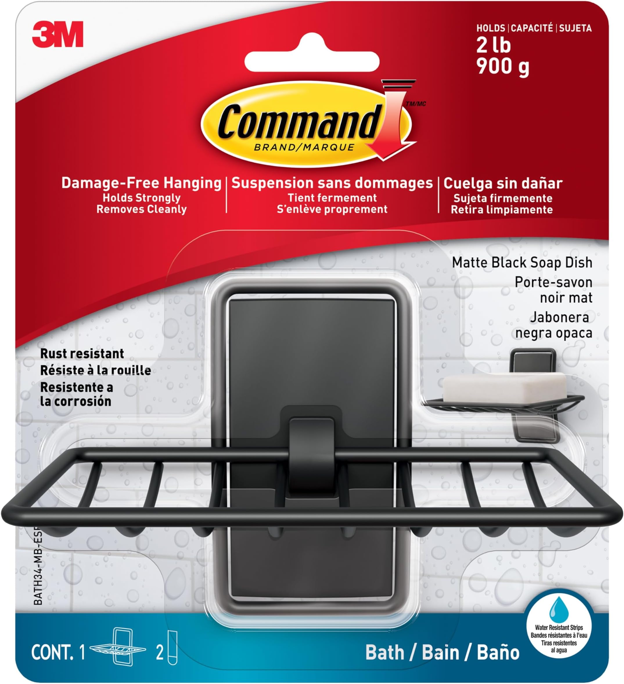 Command Soap Dish for Shower, Damage-Free Hanging, No Tools Soap Holder for Bathroom Organization, 1 Matte Black Dish and 2 Water-Resistant Strips