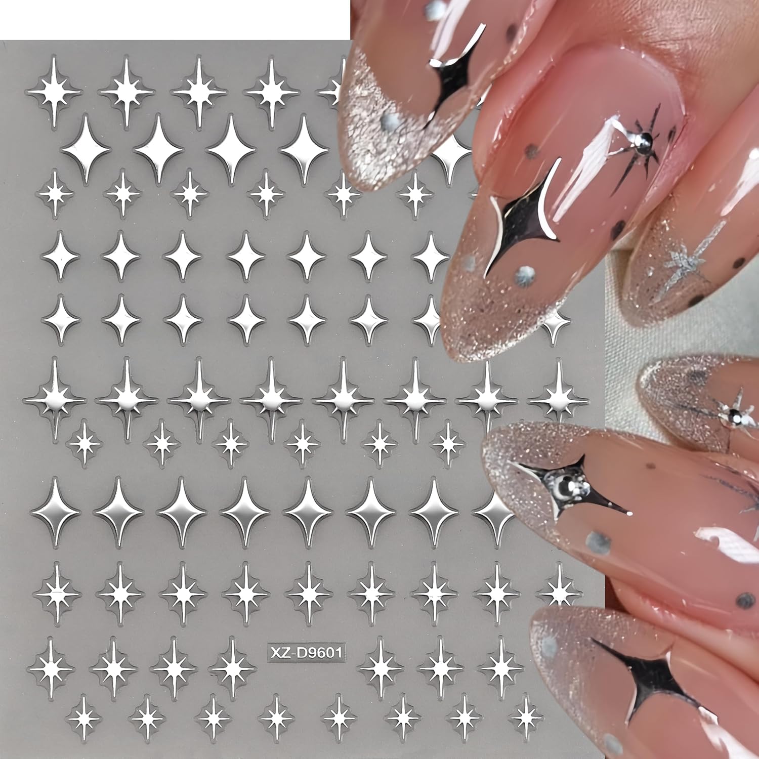6 Sheets Star Nail Stickers 3D Self Adhesive Silver Glitters Starlight Nail Art Stickers Shiny Stars Letters Nail Decals Silver Mini Star Nail Supplies for Women DIY Manicure Decoration Supply image 4