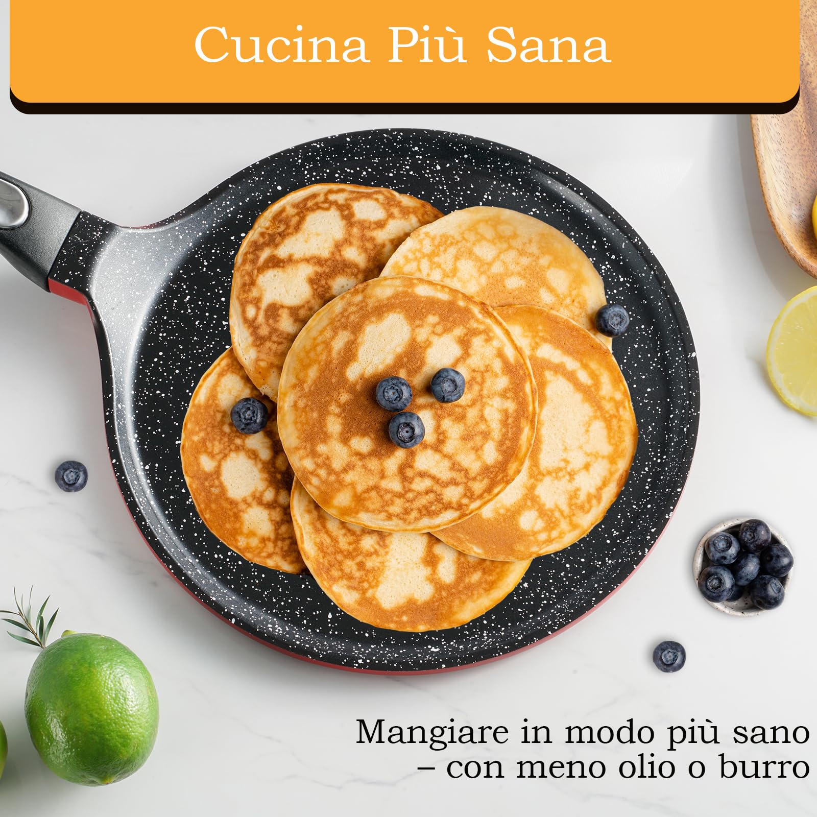 Padella per Crepes 24 cm a Induzione con Spargipasta in Legno Senza PFOA | Crepiera Induzione Antiaderente, Pentola per Crepes, Rivestimento Ceramico Germania, Compatibile con Tutti i Piani Cottura
