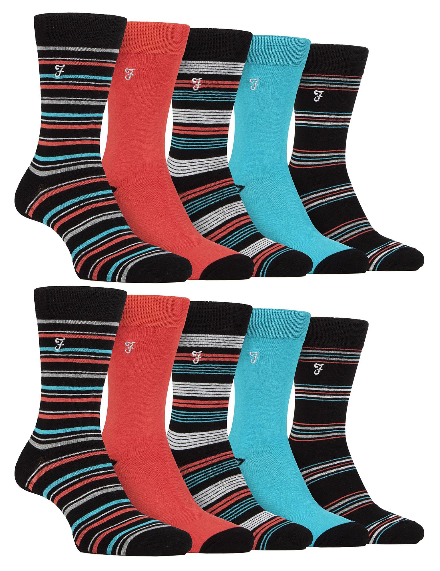 Farah 10 Pairs Multipack Mens Bamboo Dress Socks Bright Cotton Socks with Gentle Grip Top (6-11, Black/Coral)