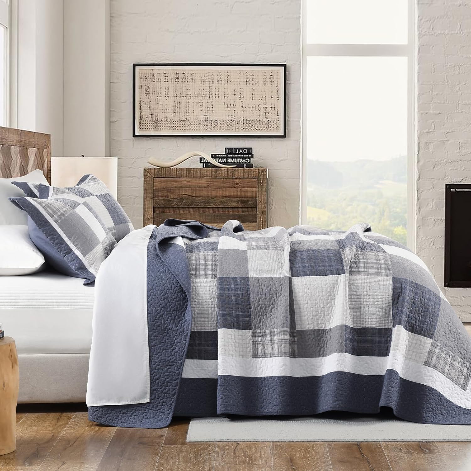Quilts King Size - Plaid Design Modern Quilt Set with Matching Shams, 3 Pieces 100% Cotton King Quilt Bedding Set, Reversible Bedspread Coverlet for All Season, Dusty Blue/Gray/Ivory