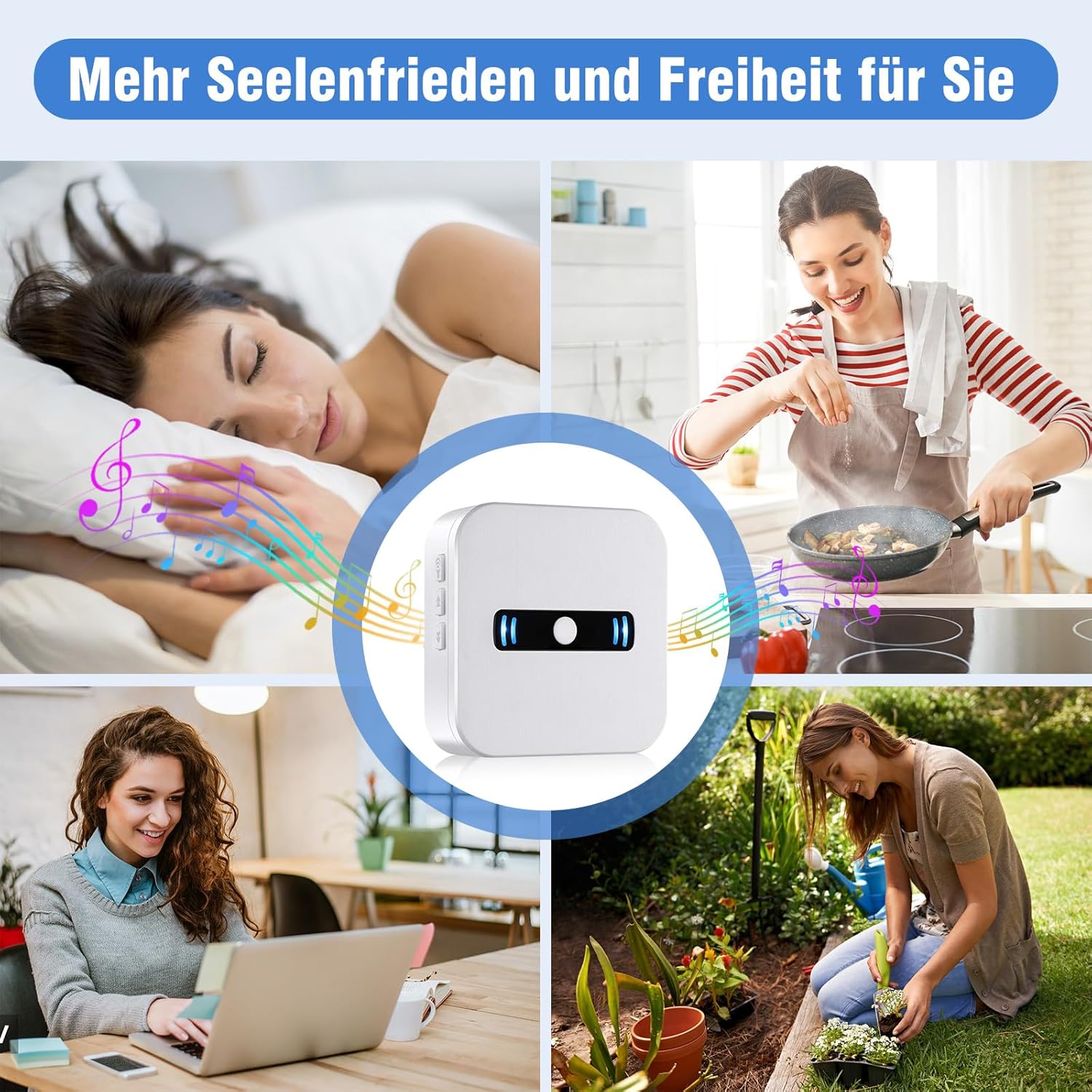 Four images showing a caregiver engaged in various activities (sleeping, cooking, working on a laptop, gardening) while the call button system provides peace of mind, indicated by musical notes around the receiver.