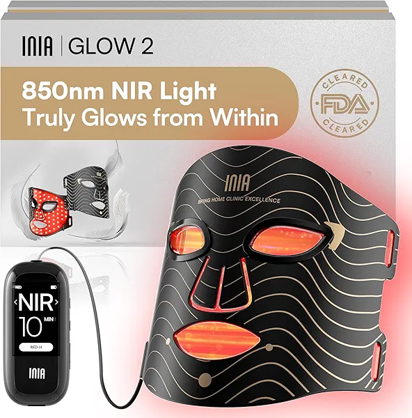 INIA Red Light Therapy Mask for Face – 4 Light Modes with 850nm NIR, Red & Blue LED Light Therapy, 2600mAh Rechargeable LED Face Mask for Anti-Aging, Skin Firming & Radiant Glow at Home