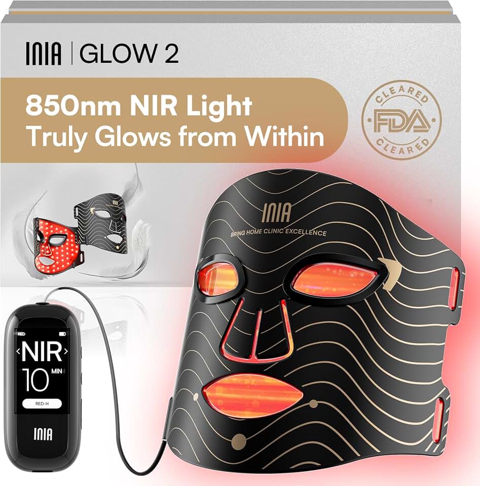INIA Red Light Therapy Mask for Face, 850nm NIR, Red/Blue LED Light 4 Modes | Visible Results in Just 4 Weeks, 220 LEDs, 105mW/cm² Output, 2600mAh Rechargeable Battery, 10-30min Timer, Auto Shut-off