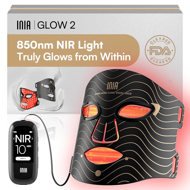 Máscara facial de luz LED INIA com luz vermelha e azul, 850nm NIR e 4 modos