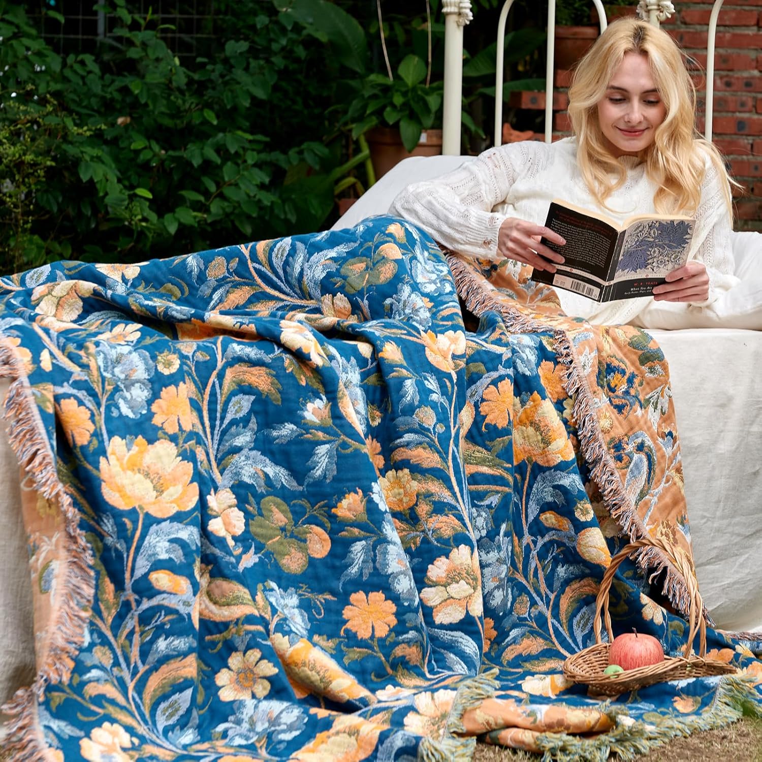 Boho Throw Blanket 50"x60" 100% Cotton Floral Couch Blanket with Flower Bird,ReversibleSoft Breathable Lightweight Spring Decorative Blankets with Fringe for Sofa Chair Bed Decor All Season