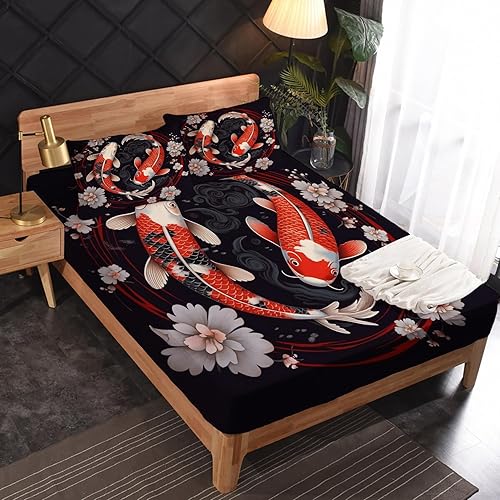 Vista 14 de Koi Fish Sábanas tamaño King – Sábanas japonesas de microfibra suave, bolsillo profundo, sábanas y fundas de almohada estampadas sin arrugas, 4