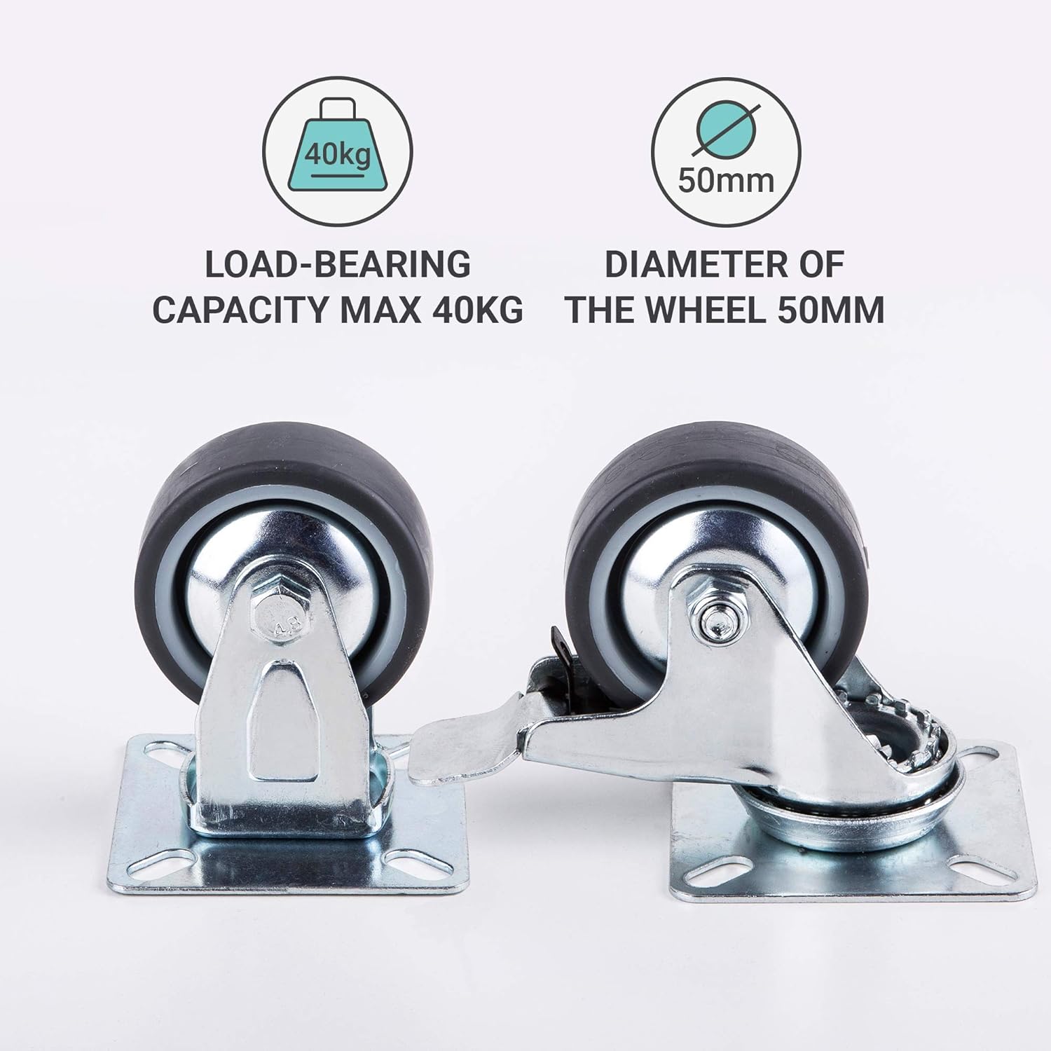 (Pack of 4) Premium Quality Swivel Castors 50 mm Soft Rubber Furniture