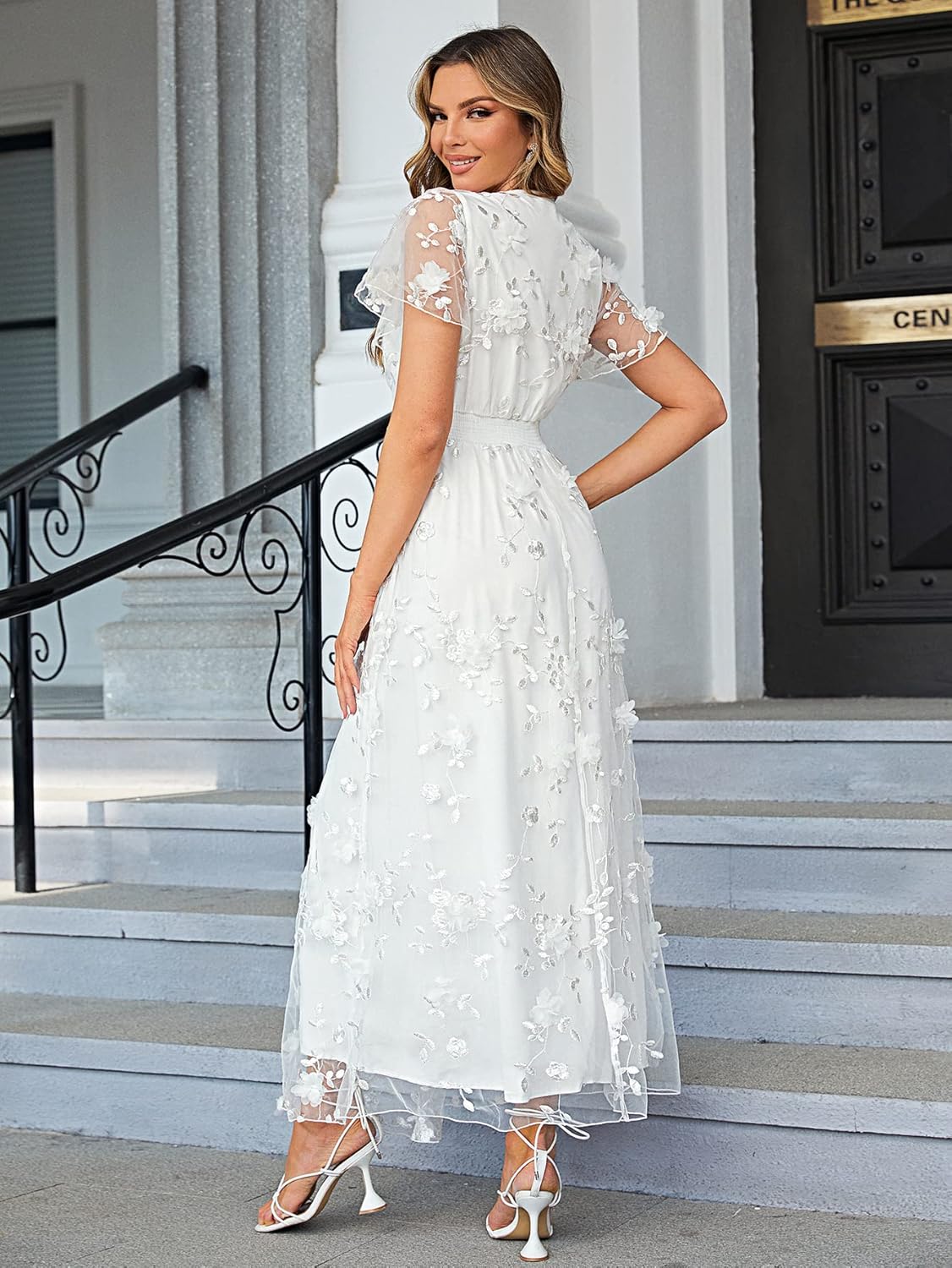 Miessial Women's V-Neck Lace Floral Long Dress Embroidery Cocktail Wedding Guest Boho Maxi Dress - Image 4