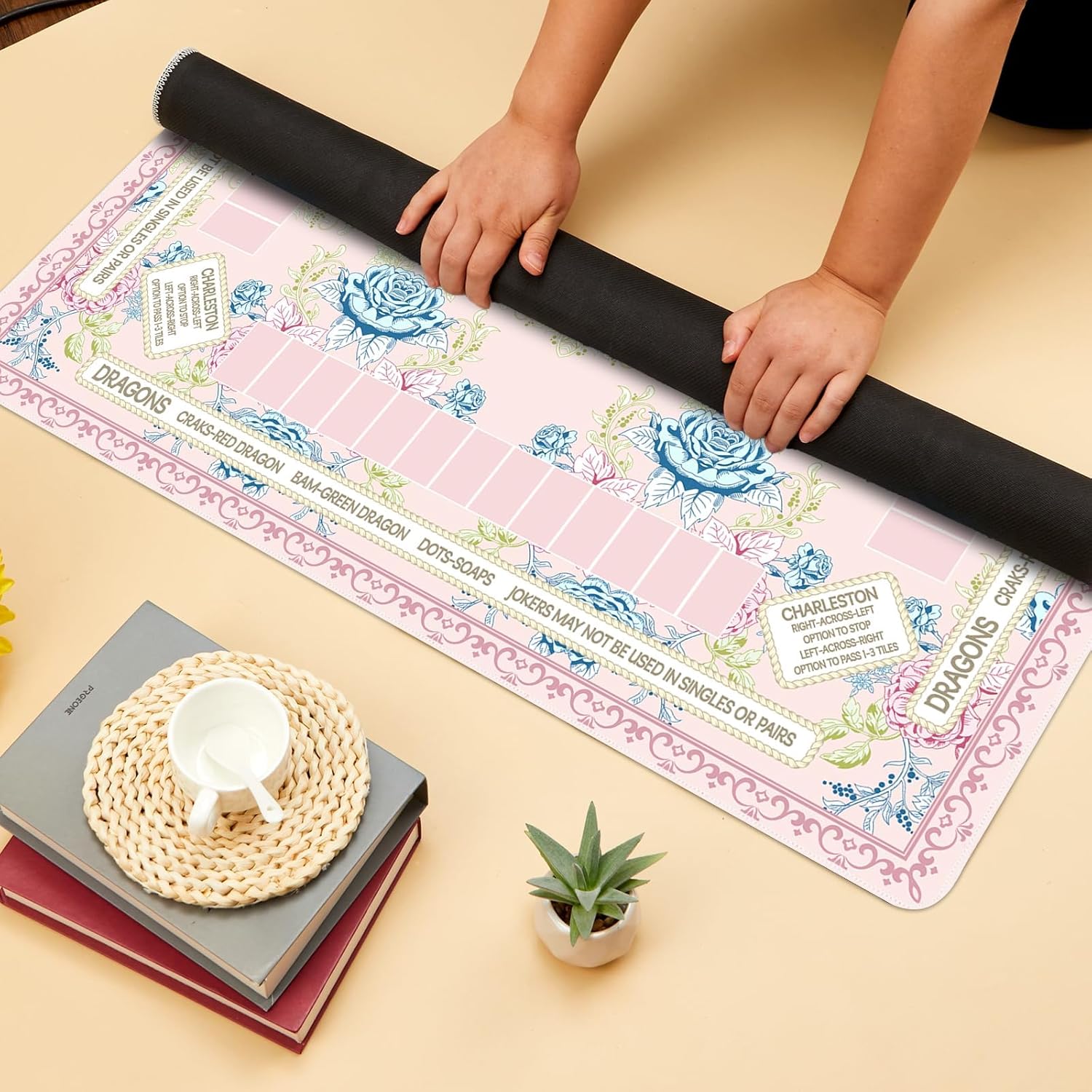 party greeting Chinoiserie Mahjong Mat with Black Carrying Bag 31.5 x 31.5 in Multi Purpose Game Table Cover Anti Slip and Noise Reduction for Mahjong Poker Board Card Dominoes Games(Pink Blue Green)