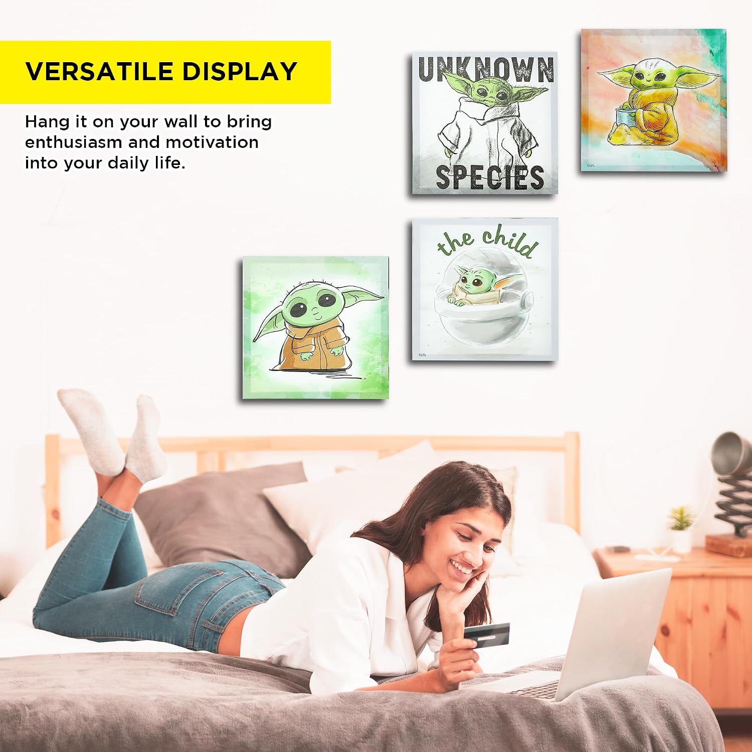 POP Creations The Child Unknown Species - Baby Yoda Large Wall Art | 4-Piece Star Wars Grogu Watercolor Canvas Art | The Mandalorian Stretched Canvas Wall Art image 2