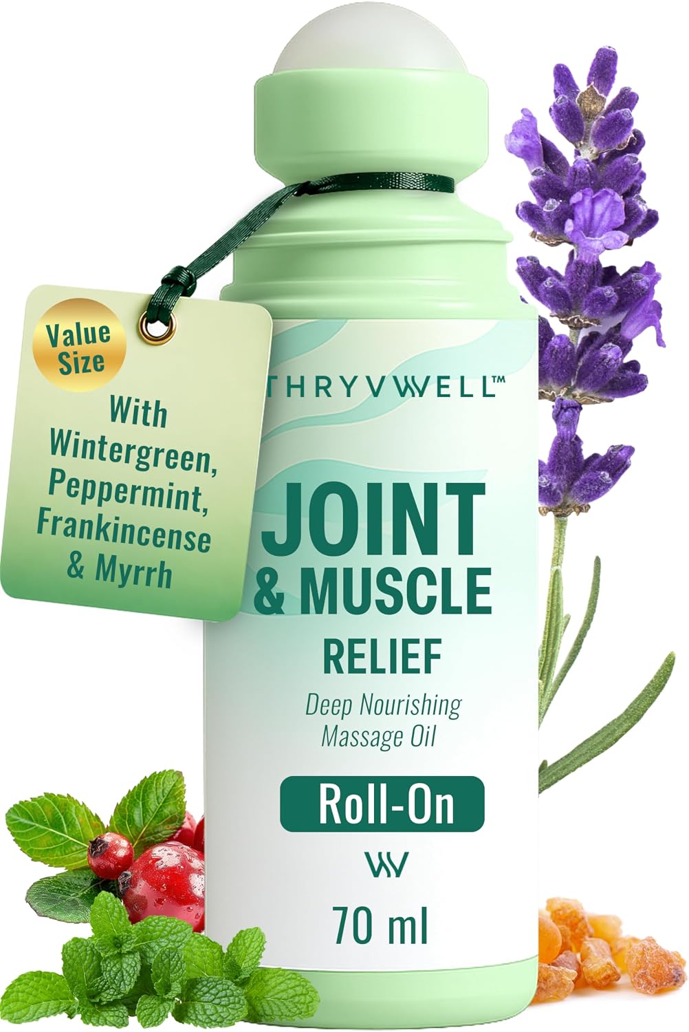 Joint & Muscle Roll-On Oil –70ml - 100% Natural Essential Oil Blend with Wintergreen, Peppermint, Frankincense, Myrrh, Clove & Lavender – Portable 2.37 oz Travel Size