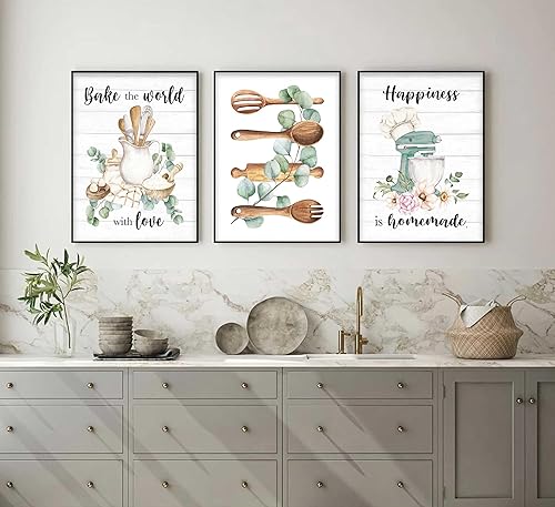 Miniatura 7 de 3 piezas de arte de pared de cocina de granja, decoración de comedor, flores rústicas, pintura de hojas de eucalipto, impresiones en lienzo,