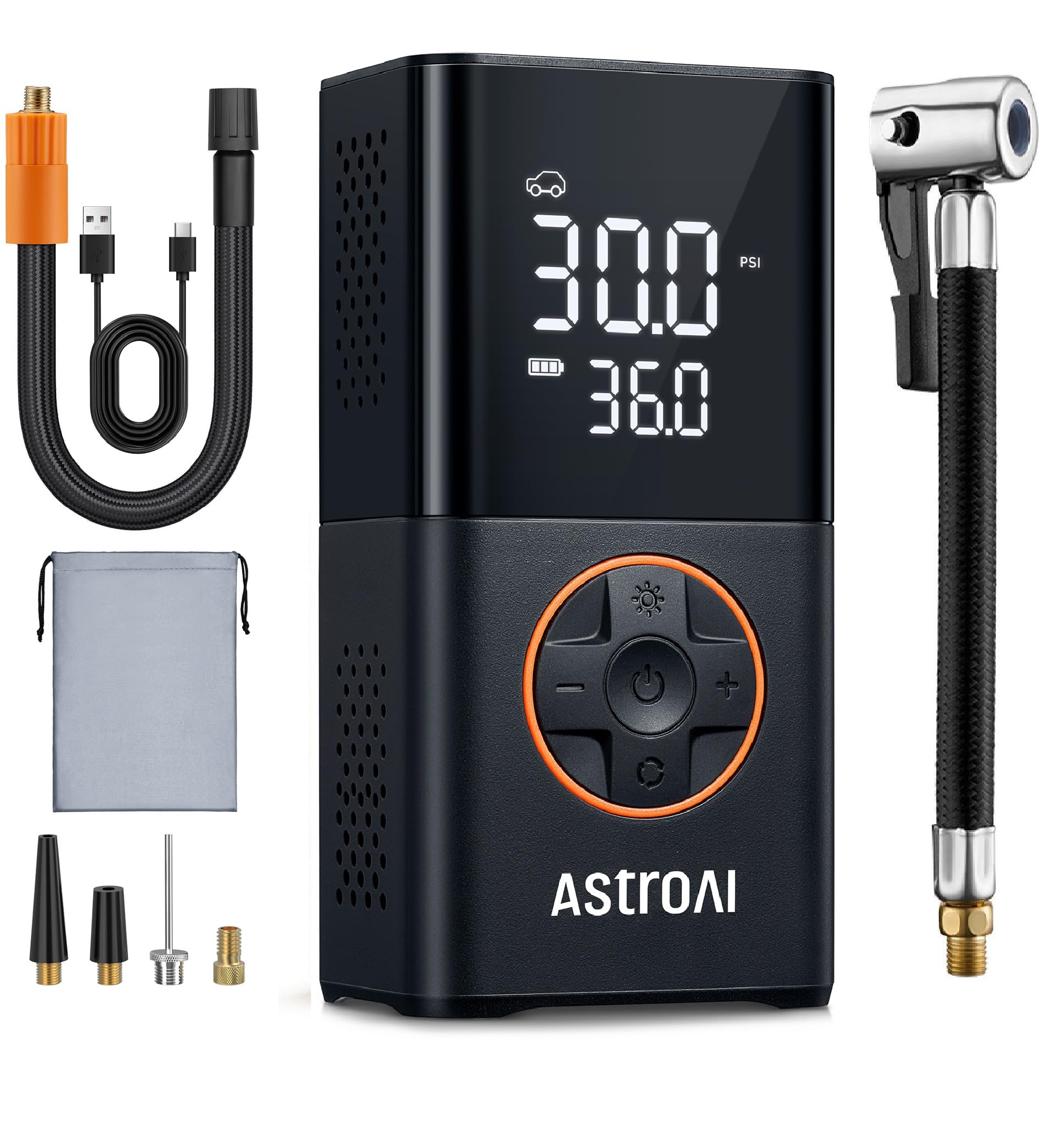 AstroAI Car Tyre Inflator Air Compressor, Portable USB Rechargeable Electric Bike Pump 150 PSI, Tyre Pump with Pressure Gauge Digital Dual Values Display, for Car, Bike, Motorbike, Ball
