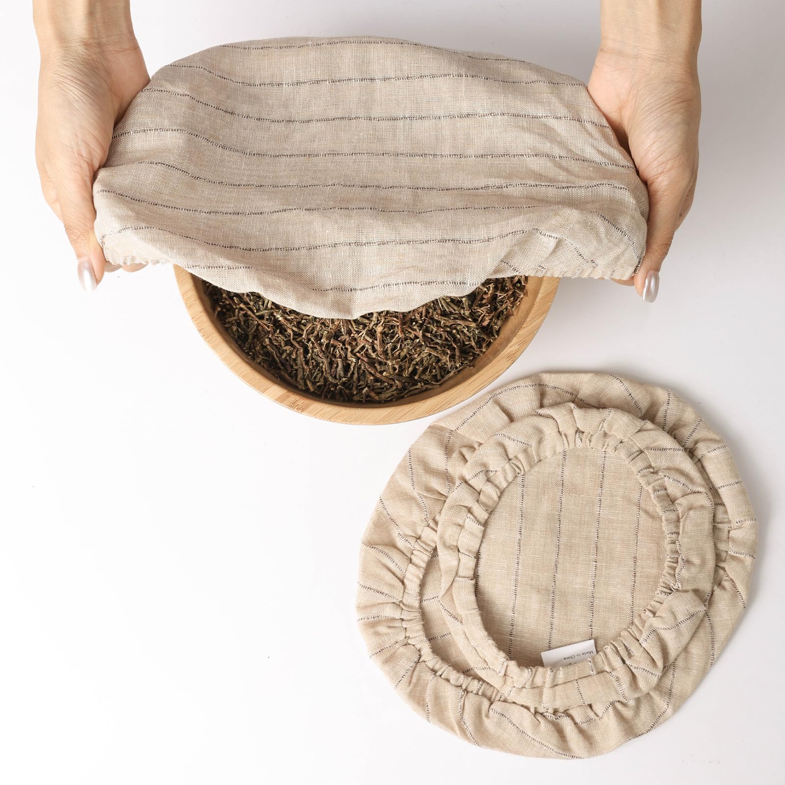 HSOFTIFY 100% Linen Stripe Bowl Covers Reusable For Bread Proofing, 4 Pcs Elastic Cloth Fabric Bowl Covers, 5.9 * 7.9 * 9.8 * 11.8 Inches, Linen