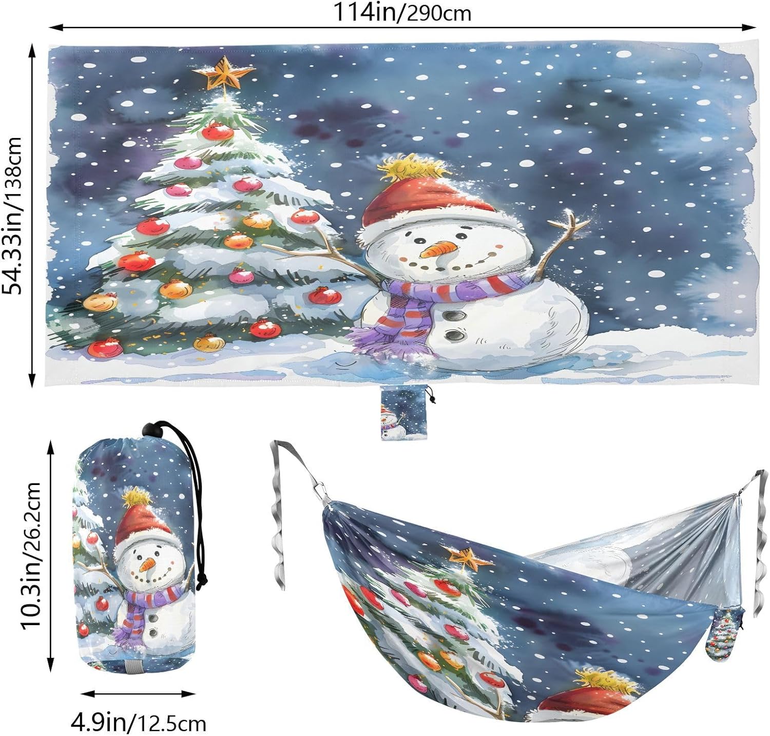 ALAZA Snowman Christmas Camping Hammocks Single or 2 Person 500 lbs Portable Parachute Travel Hammock w/Tree Straps for Hiking Backpacking Indoor Outdoor