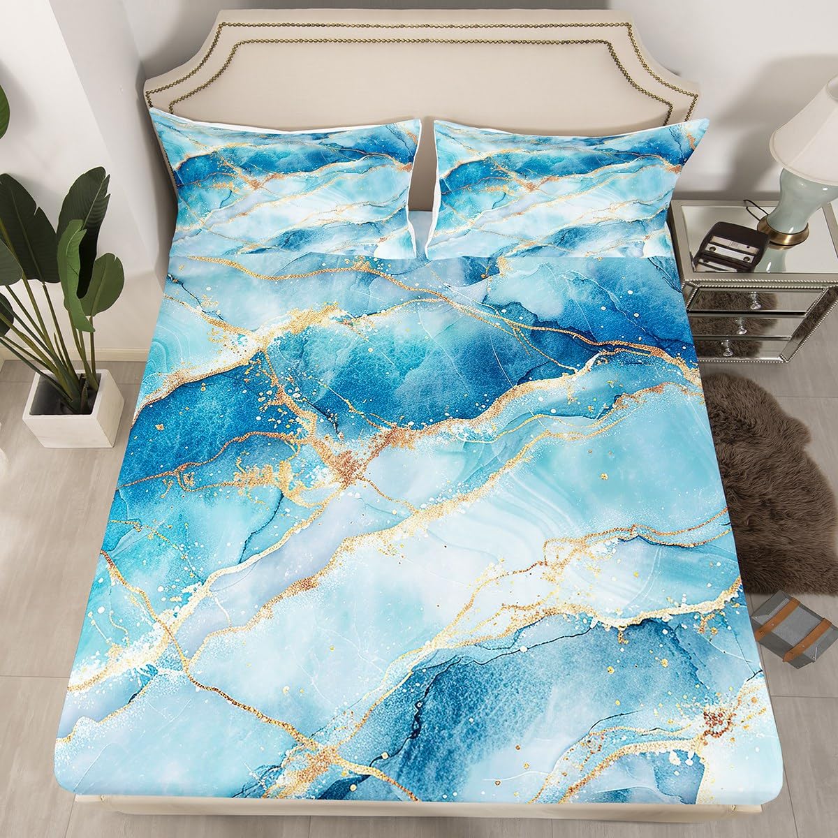 White Blue Marble Bed Sheet Set Girls Women Gold Glitter Stone Texture Sheet Sets Abstract Painted Art Bedding Set for Children Kids Boys Girly Luxury Bright Colorful Sheets Room Decor Queen Size 4Pcs