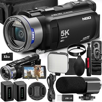 NBD 5K Video Camera Camcorder Ultra 48MP Vlogging Camera for YouTube,16X Digital Zoom Camcorder 3.0" IPS 270 Flip Screen with Mic,Fill Light,2 Batteries and 32G SD CardBlack