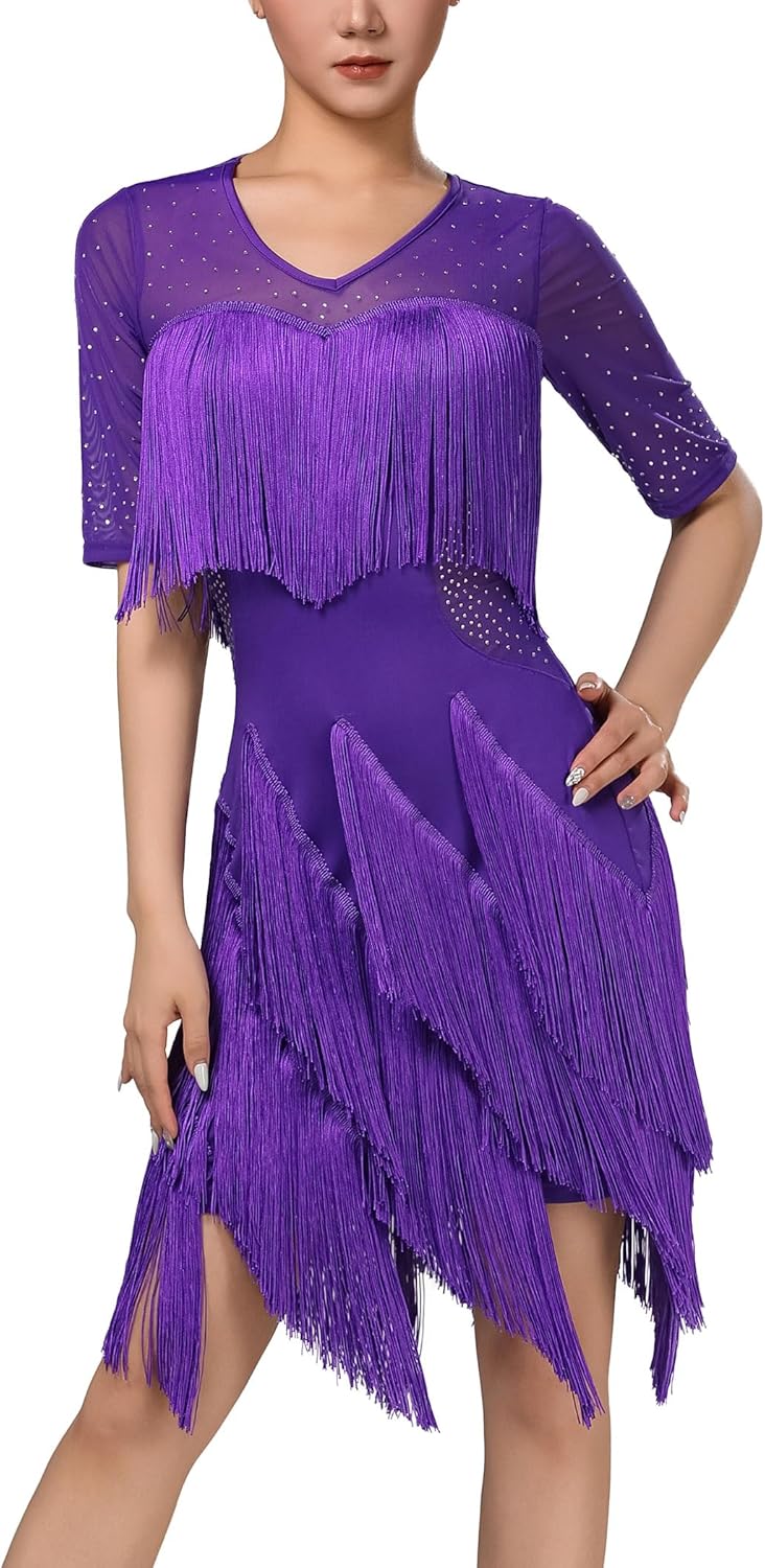 IBAKOM Short Sleeve Sparkly Latin Dance Dress Fringe Rhinestone Ballroom Dance Outfits Women Jazz 20s Flapper Fringe Costume