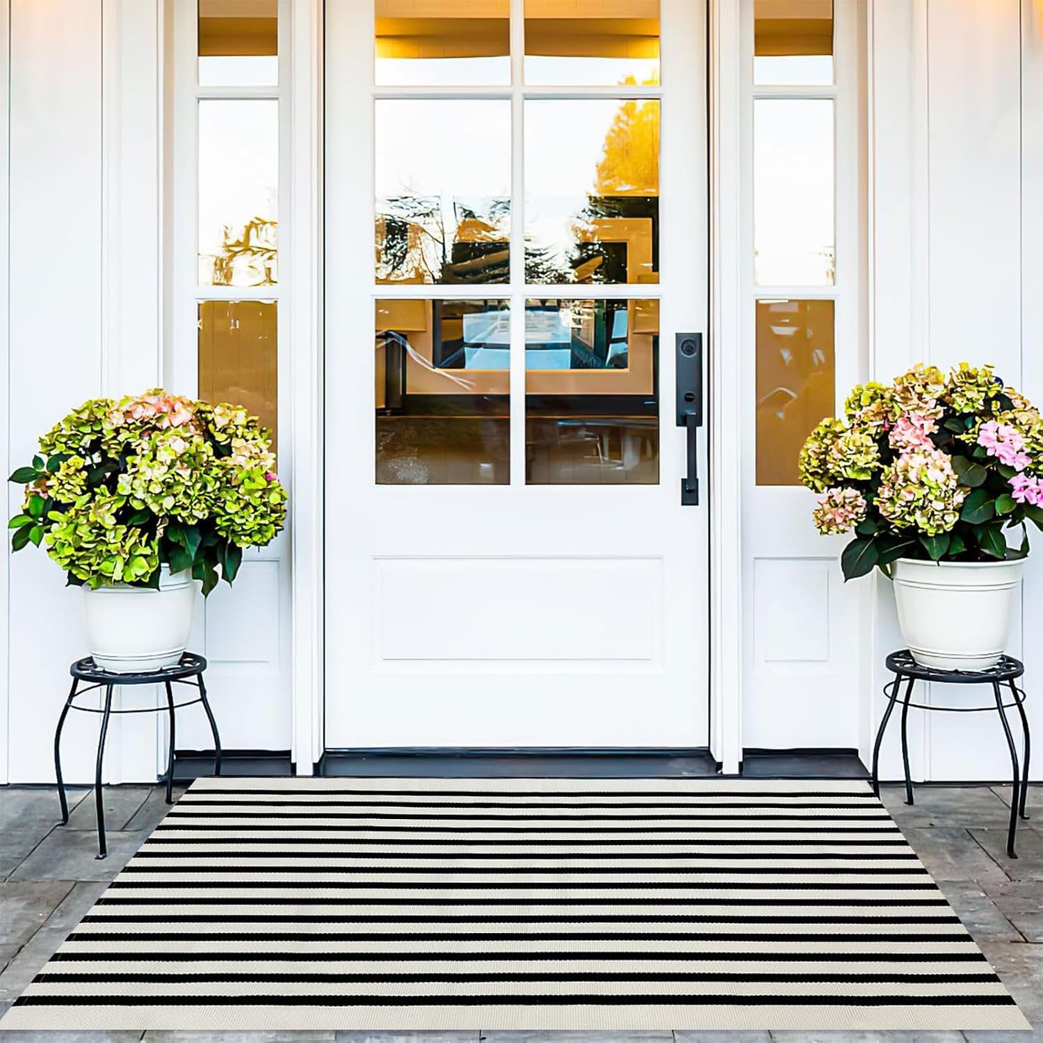 USTIDE Black and White Striped Front Door Rug 35.4'' x 59'' Washable Outdoor Rug Cotton Hand-Woven Reversible Welcome Layered Doormat Carpet for Kitchen/Living Room