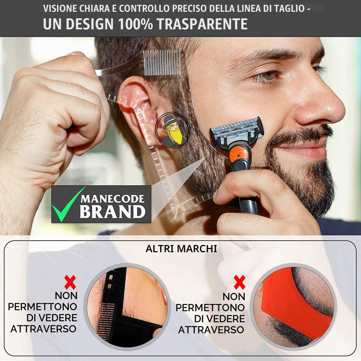 Strumento per modellare la barba da uomo con pettine integrato, modello trasparente per pettine, baffi, basette, mascella, guancia/collo, simmetrico/curva/taglio a gradini (trasparente)