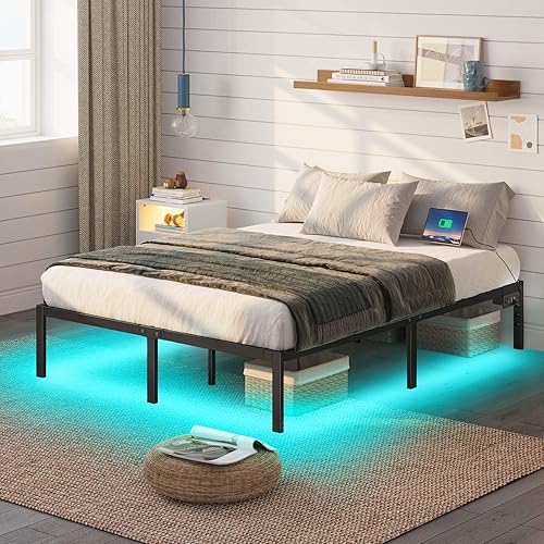 Miniatura 6 de Rolanstar Base de cama con estación de carga USB, marco de cama matrimonial con luces LED, marco de cama de plataforma con listones de acero