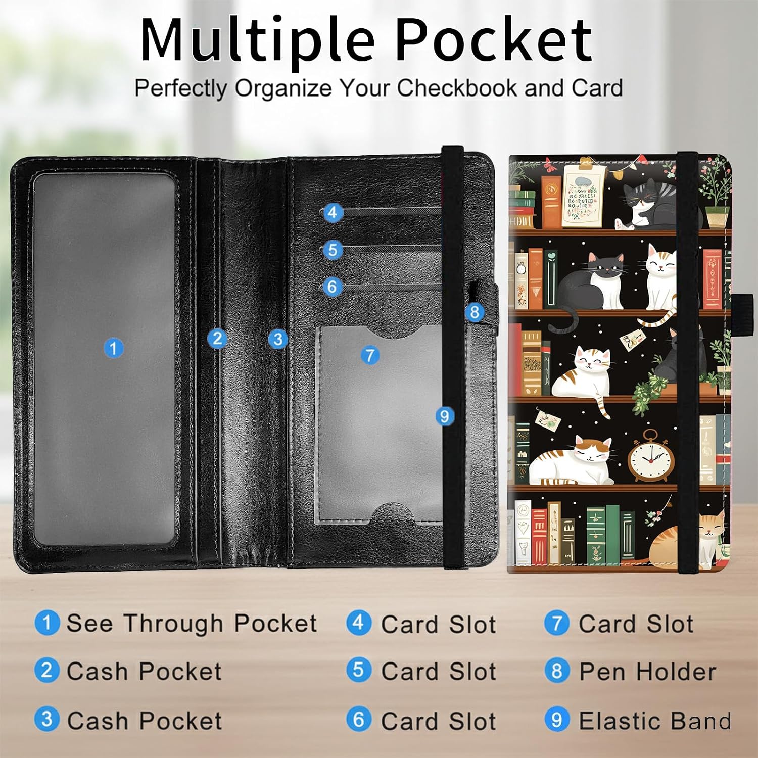 PU Leather Checkbook Cover for Personal & Duplicate Checks, Slim RFID Blocking Checkbook Wallet with Card Slots, Elastic Strap Checkbook Holder Stylish Wallet for Men & Women, Cat Bookshelf