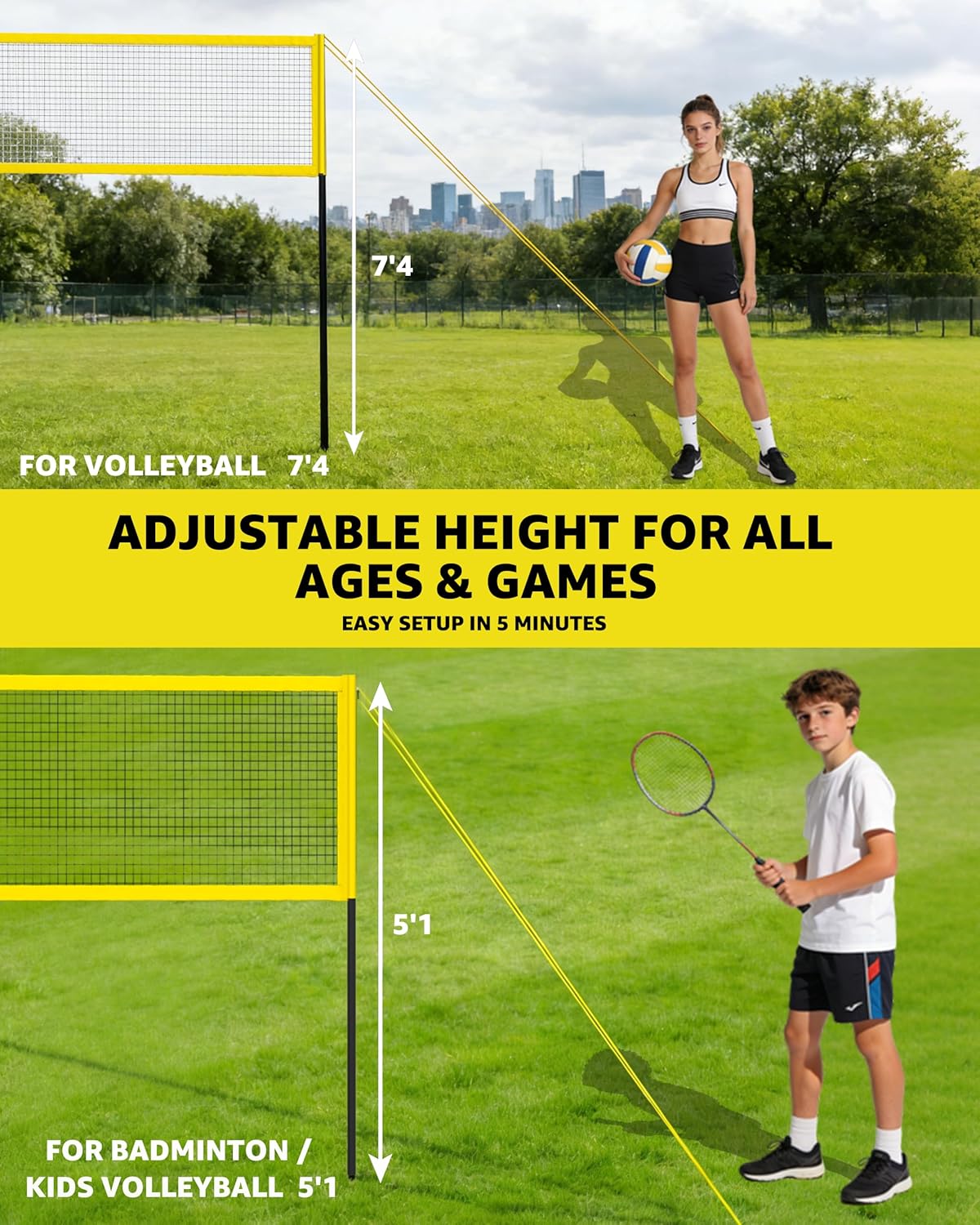 4 Square Volleyball Game Set - 4 Way Cross Net for Backyard & Beach, Portable Outdoor Volleyball Badminton Combo Net, 4 Person Four Square Volleyball Net with Carrying Bag