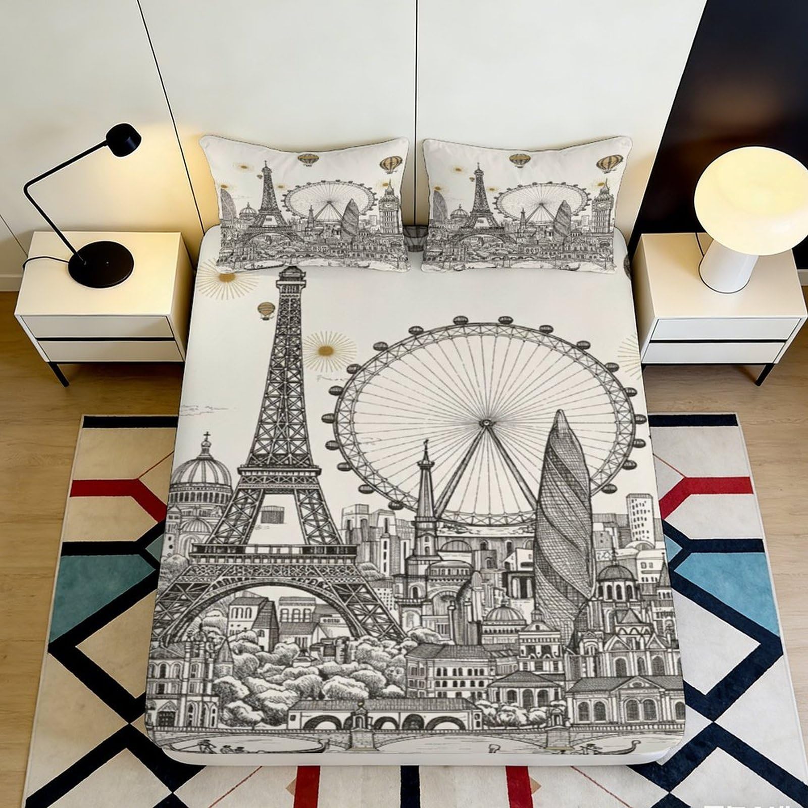 3D Printed Paris London Landmarks Fitted Sheet Microfiber Soft Breathable Cityscape Mattress Cover for Bedroom Decor 140x200x25cm