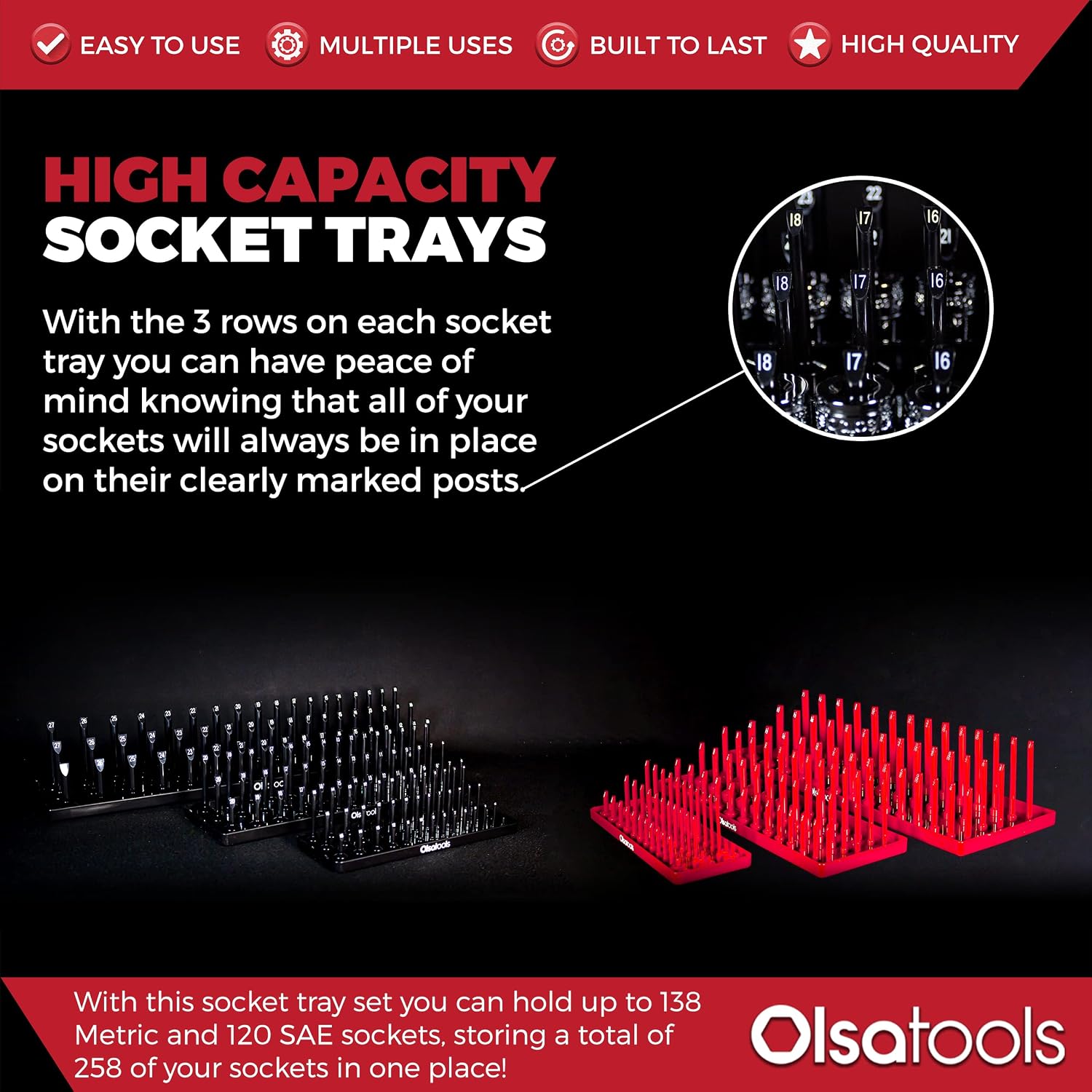 Olsa Tools Socket Organizer Trays | 6 PC 3 Row Trays SAE & Metric Socket Holder | 1/4, 3/8, 1/2-Inch Drive | Tool Box Organizer | Storage Deep and Shallow Sockets for Toolboxes | Professional Grade