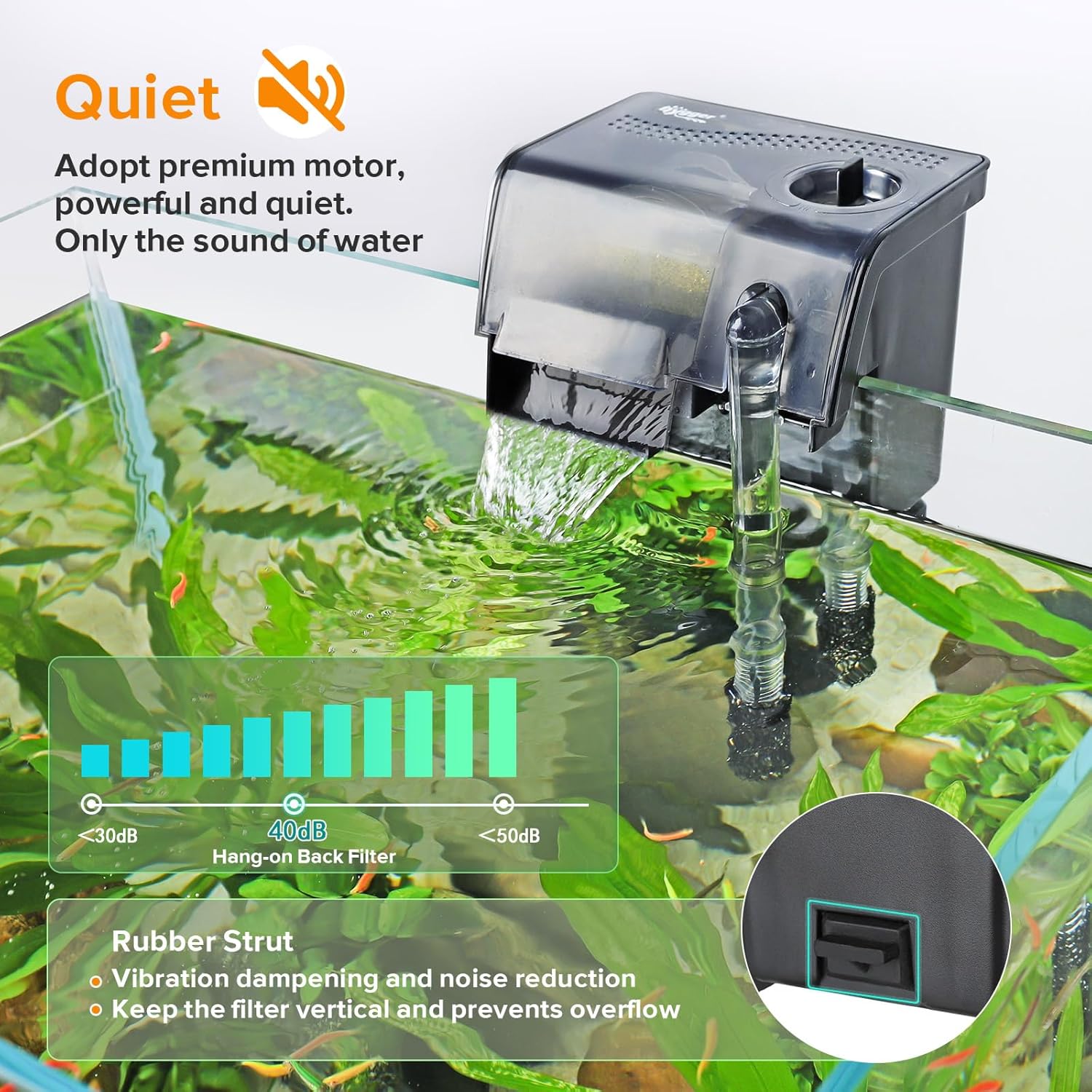 hygger Hang On Back Aquarium Filter 5W 132GPH For 10-30 Gallon Quiet Power Fish Tank Filter Multi-stage Filtration Adjustable Waterfall HOB Filter with 4 Cartridges & Extension Pipe, Fresh & Saltwater