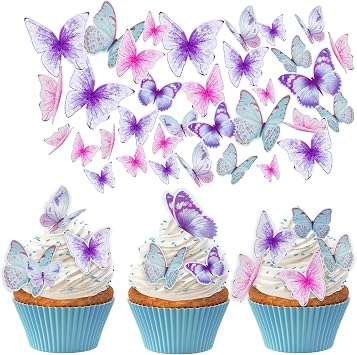 50pcs Cake Butterfly Decorations 3D Butterflies Cupcake Toppers Cake Decorations Pink Purple Blue Vibrant Butterflies Birthday Party Cake Wall Decor for Girls Kids Women Mixed Size