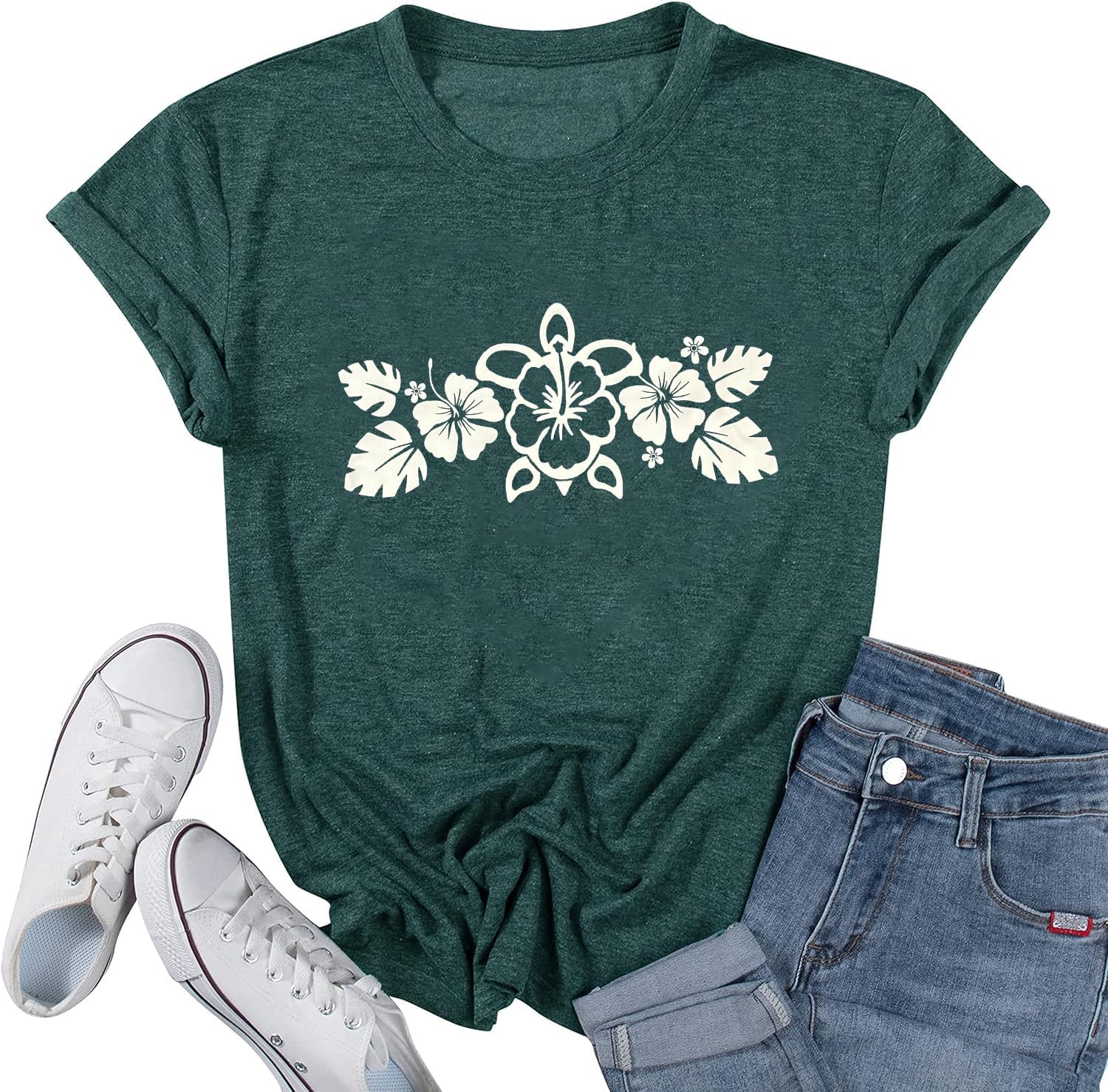 Sea Turtle T-Shirt Boho Flowers Graphic Tees for Women Hawaiian Shirts Summer Casual Wildflower Print Short Sleeve Tops