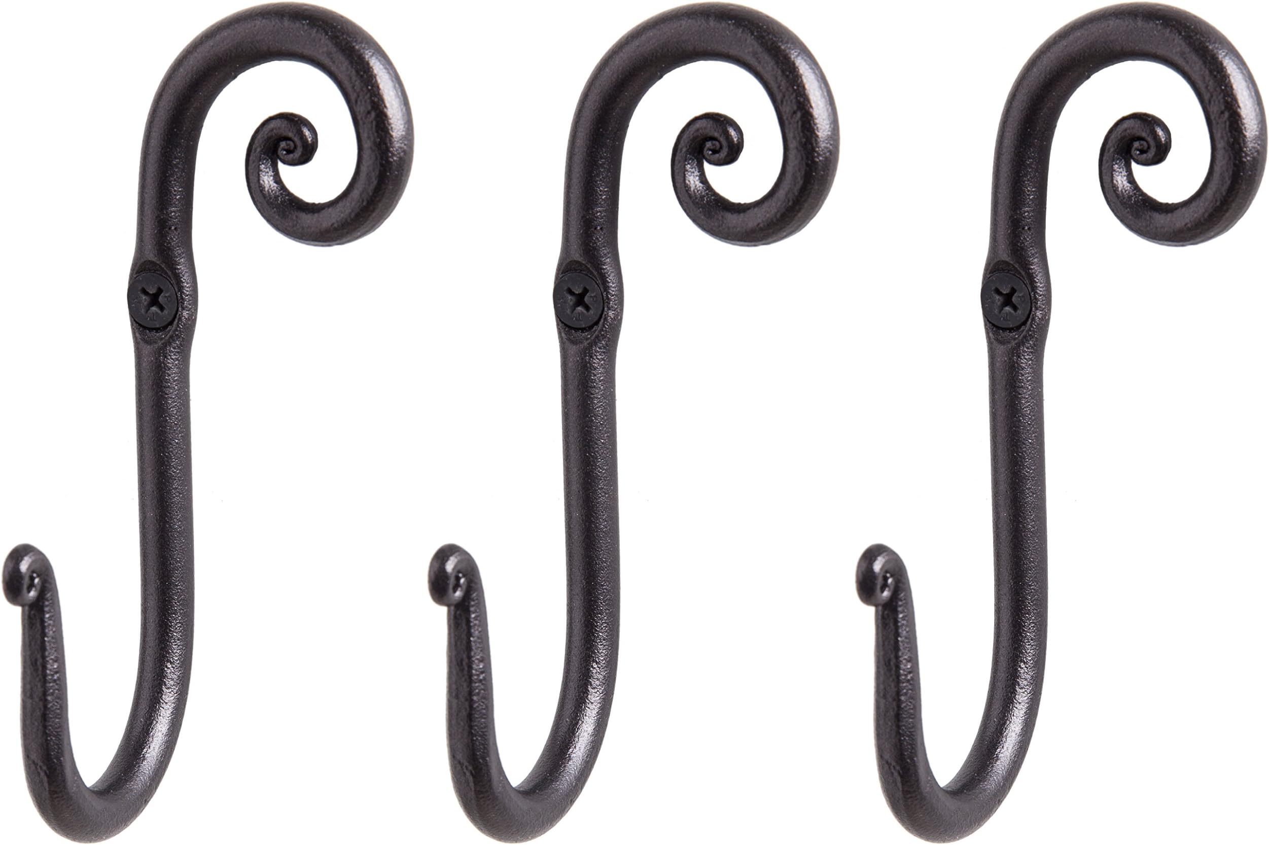 RTZENWall Mount Hook Set - Wrought Iron Decorative Rustic Metal Coat Hooks for Hanging - Handcrafted Classic Farmhouse Wall Mounted Black Hooks for Towel Robe or Hat Hanging - 3 Pack