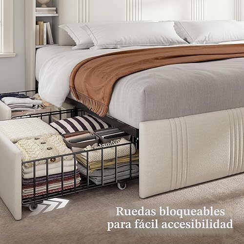 Miniatura 8 de EnHomee Base de cama tamaño King con 4 cajones de almacenamiento, plataforma tapizada con cabecero de almacenamiento de 3 niveles, luces LED y
