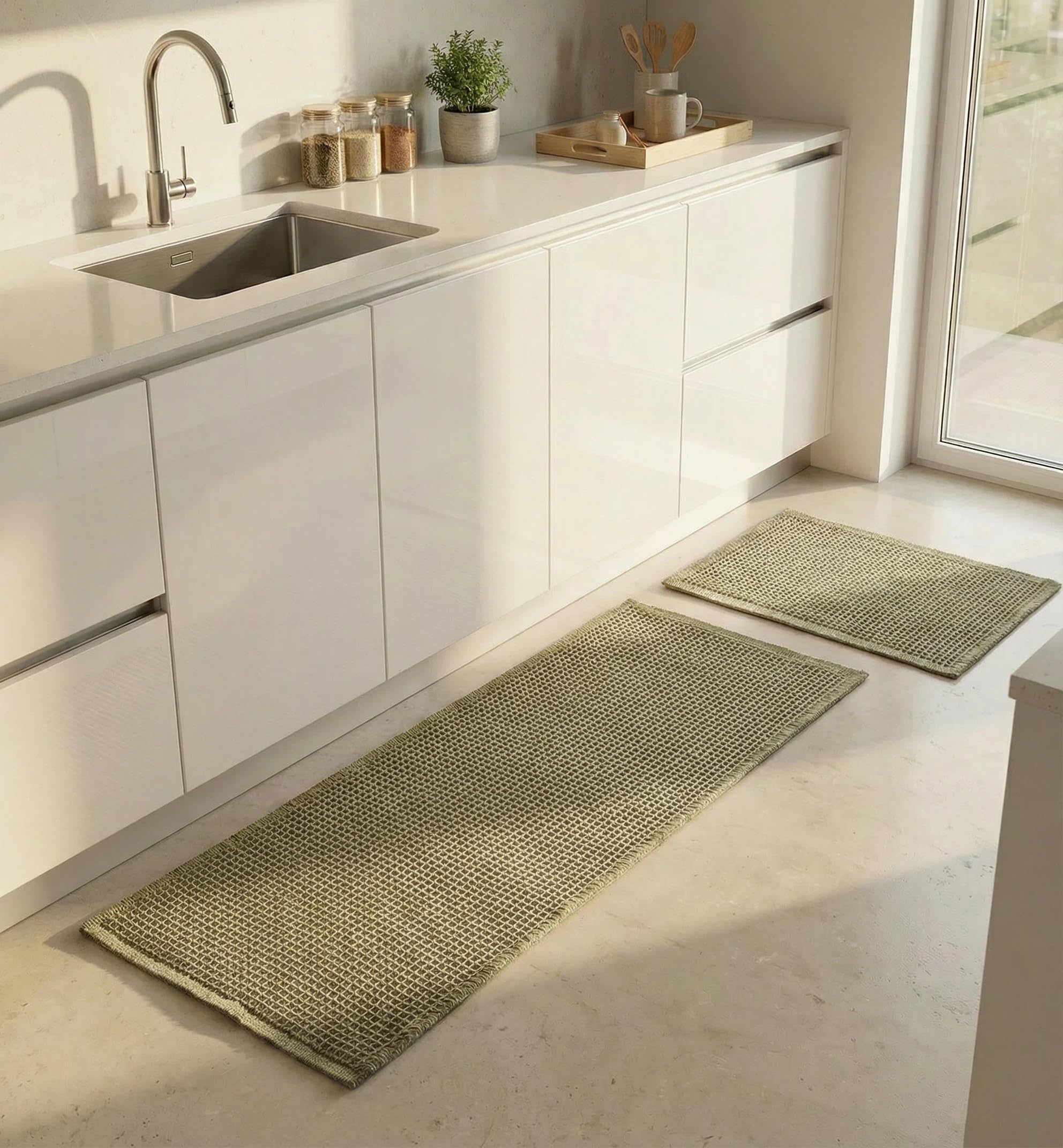 URMONA Großes Badteppich Set 2 Teilig, 50 x 121 cm + 43 x 61 cm, Badezimmermatte Deko, Boho Bath Mat, rutschfest Duschvorleger für Badezimmer Wohnzimmer Schlafzimmer(Grün Weiß)