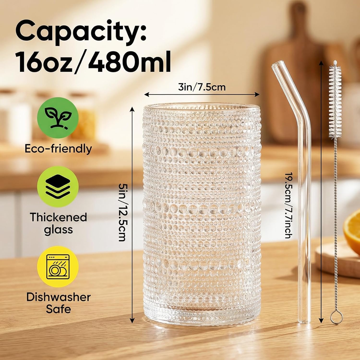 16oz Hobnail Drinking Glasses Set of 6, Vintage Embossed Clear Highball Tumblers, Large Capacity, Non-Slip Beaded Texture, Dishwasher-Safe Lead-Free Cups for Water, Cocktails, Juice, Beer & Whiskey