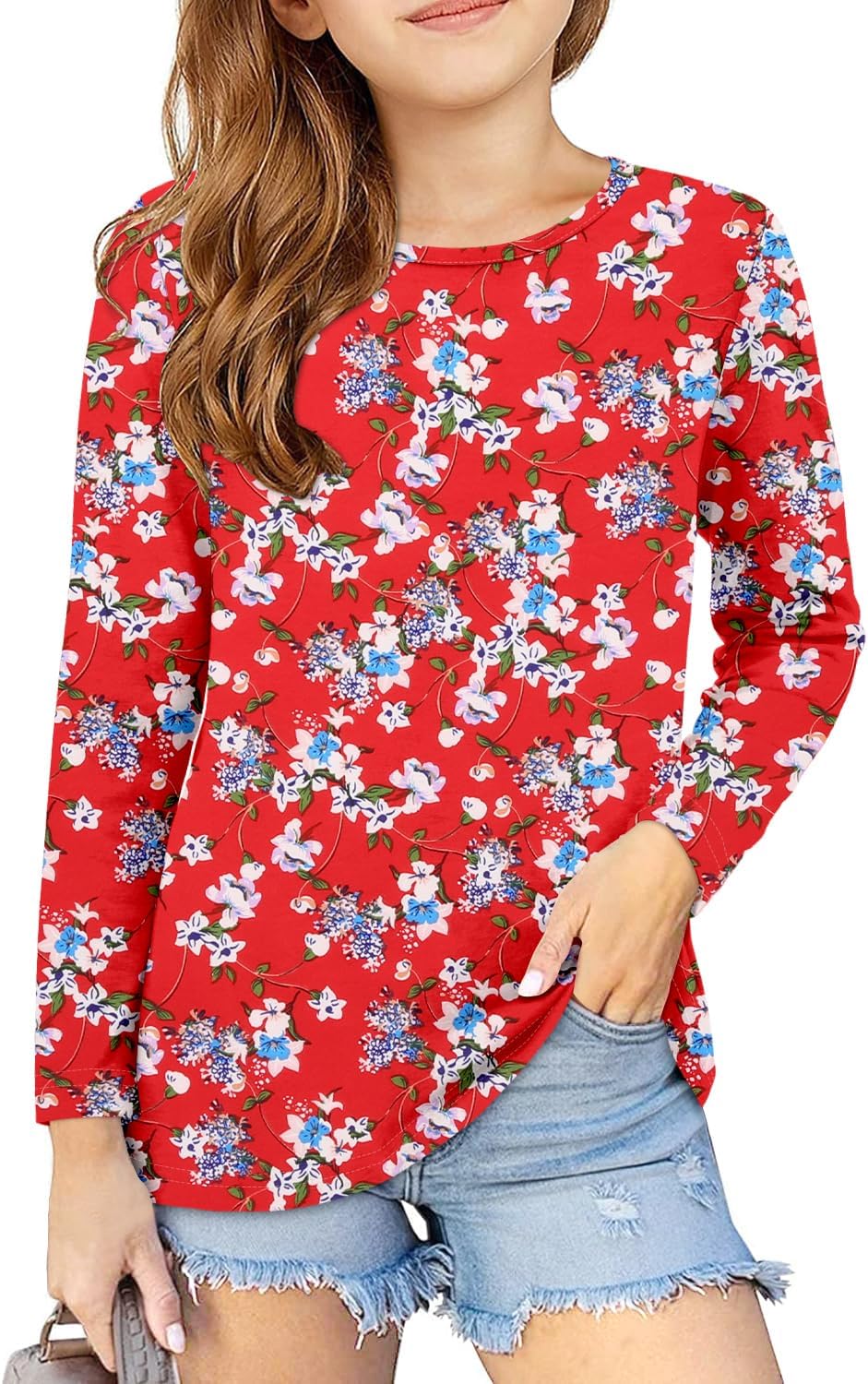 storeofbaby Girls Long Sleeve Shirts Casual Crew Neck Tops Basic Tunic Blouses 5-14 Years