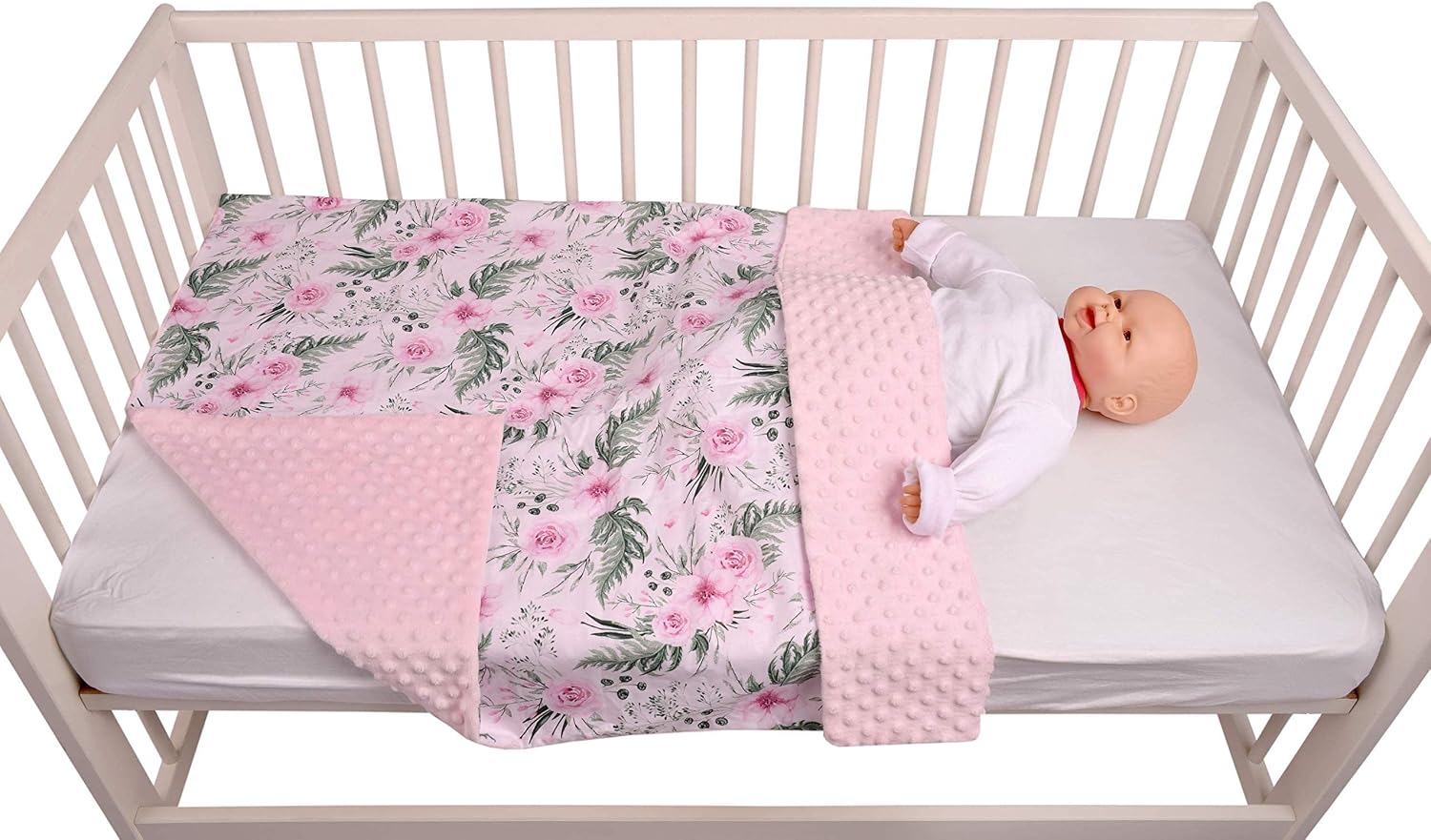 Medi Partners Baby Blanket Newborn Pram Soft 100% Cotton 75x100 Cot Toddler Comfort universal Cuddly Fluffy Crawling Plush bilateral Blankets (Pink flowers with pink Plush) - Image 4