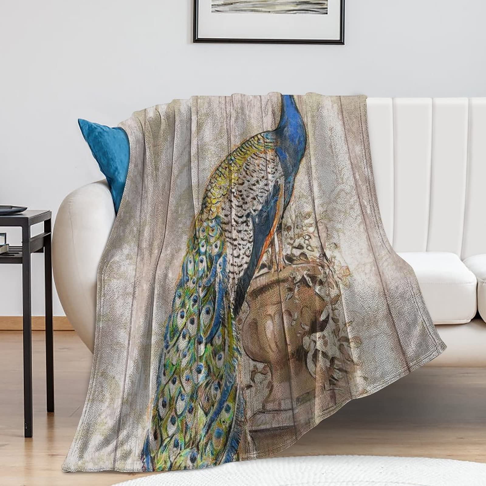 Couverture polaire douce motif paon idéale pour le camping et vos voyages